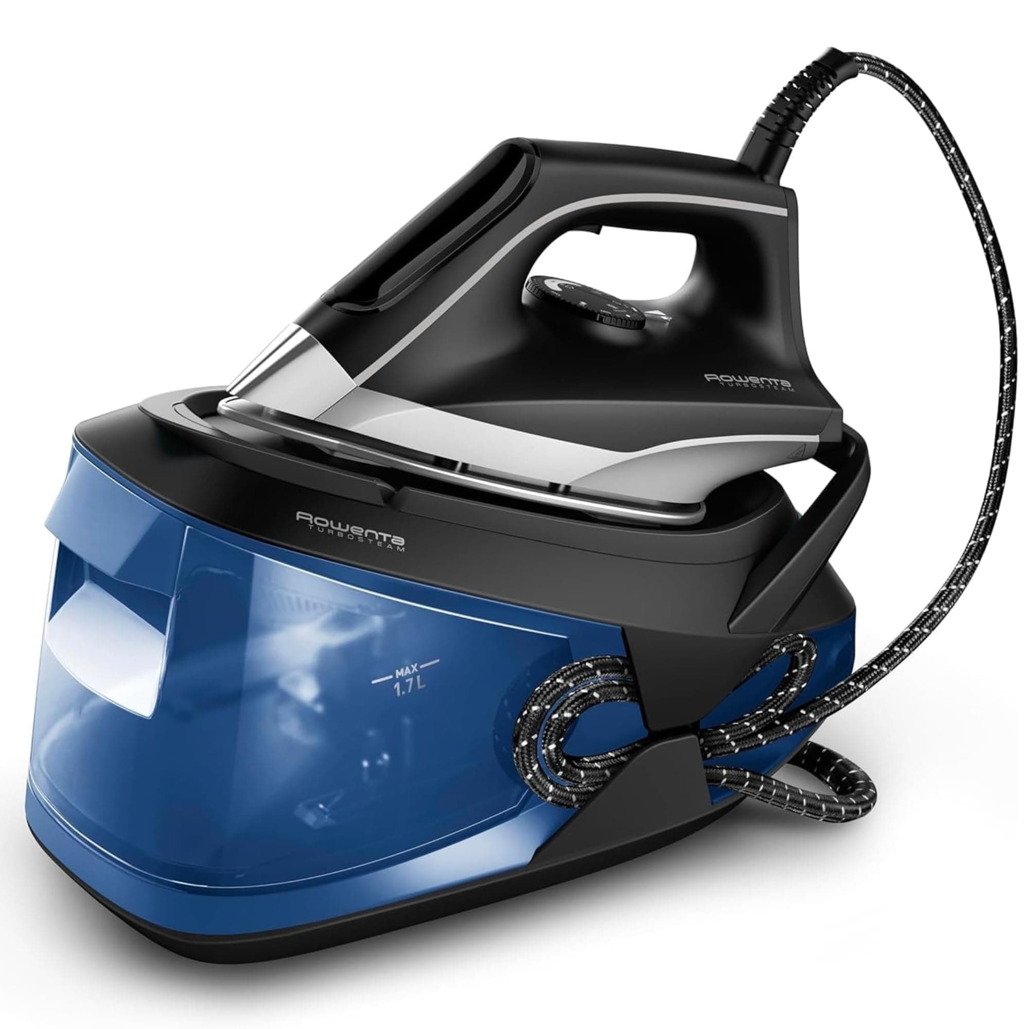 Rowenta Turbosteam, Centro de planchado, Golpe vapor 350g/min, Negro/Azul | Potencia de 2600W, Salida vapor 120g/min, Suela MicroSteam 400 láser, 6,5 bares, Diseño compacto, Depósito de 1,7L, VR8325