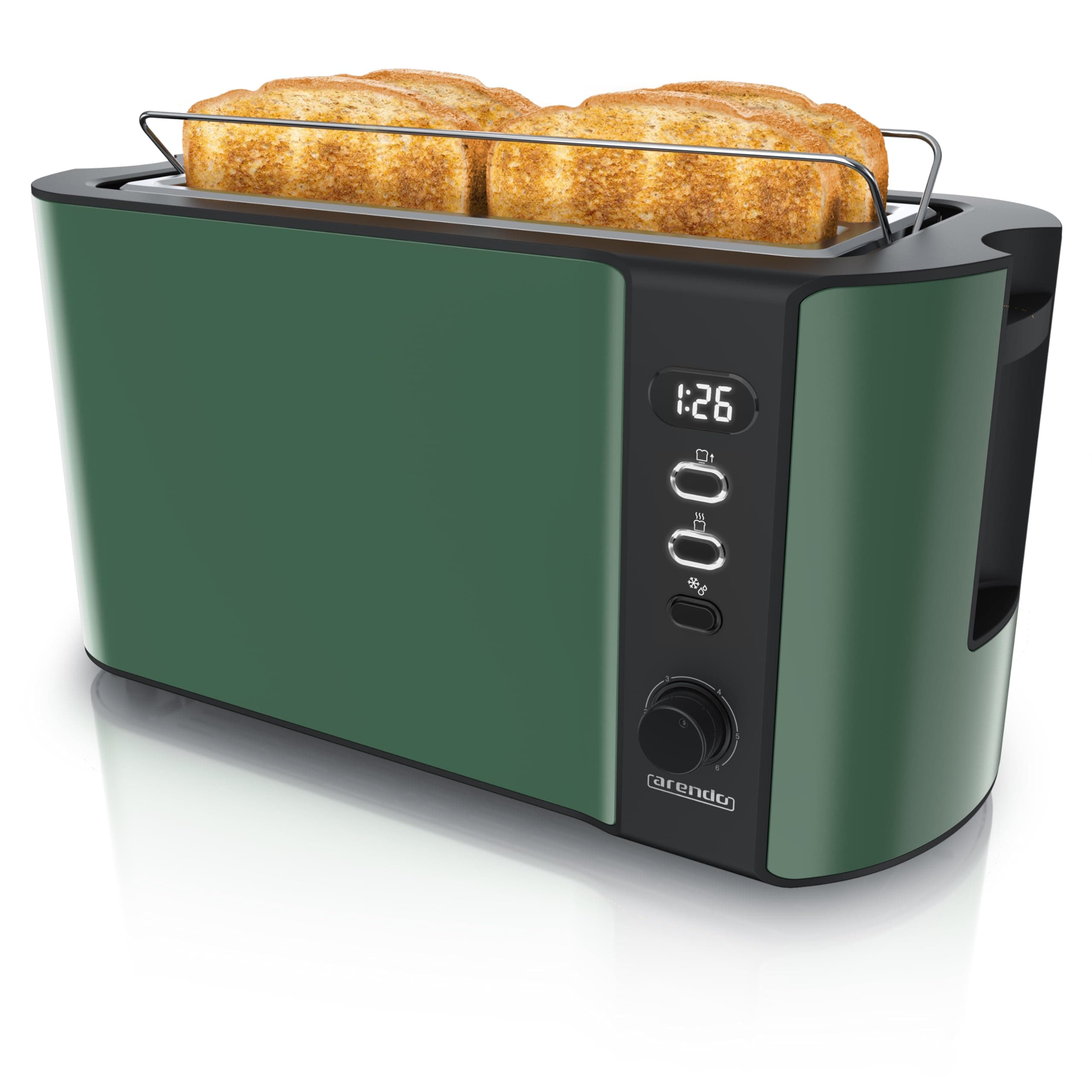 Arendo - Edelstahl Toaster Langschlitz 4 Scheiben - Defrost Funktion - wärmeisolierendes Gehäuse - mit integrierten Brötchenaufsatz - 1500W - Krümelschublade - Display mit Restzeitanzeige