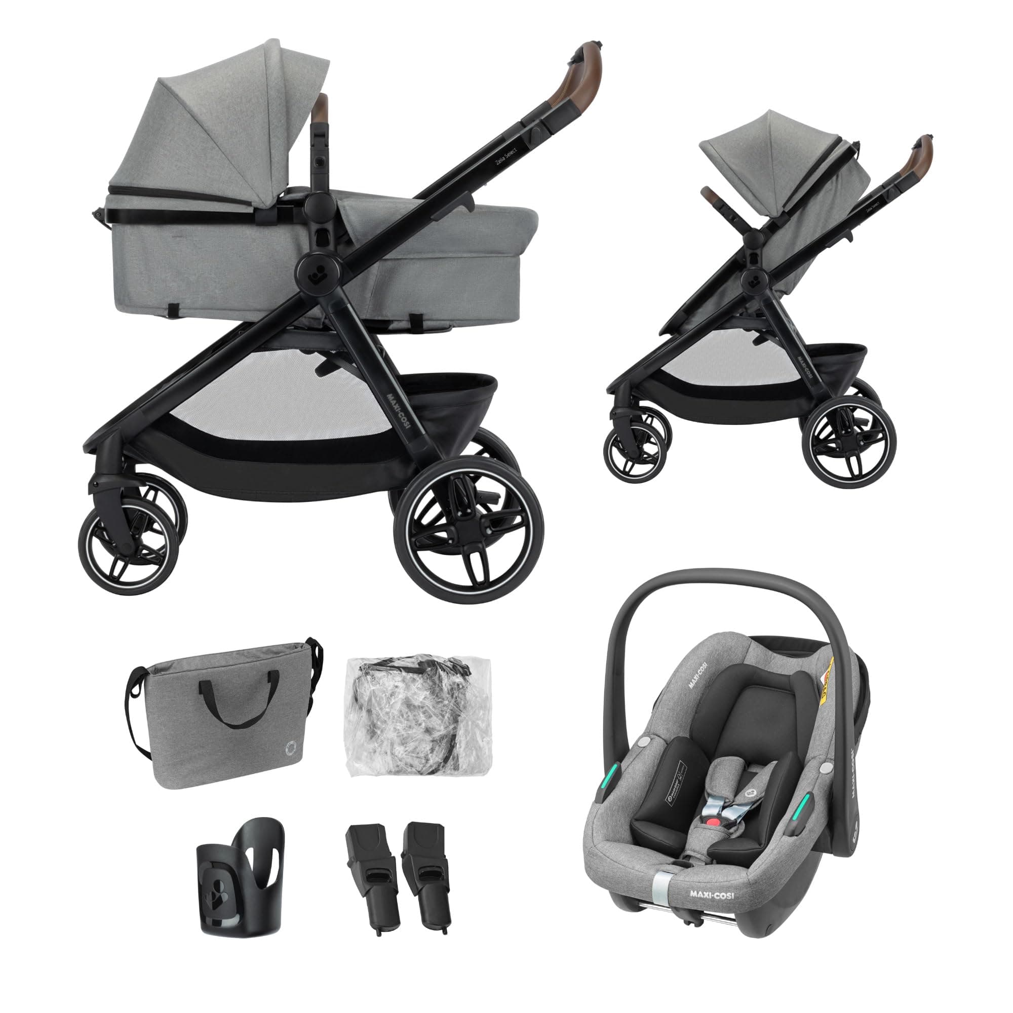 Maxi Cosi Zelia Select Trio, Poussette 3 en 1 Avec Siège auto, 0-4 ans (0-22 kg), Pliage D'une Seule Main, Poussette Trio Compacte et Réversible, Avec Siège auto Bébé CabrioFix S i-Size, Gris