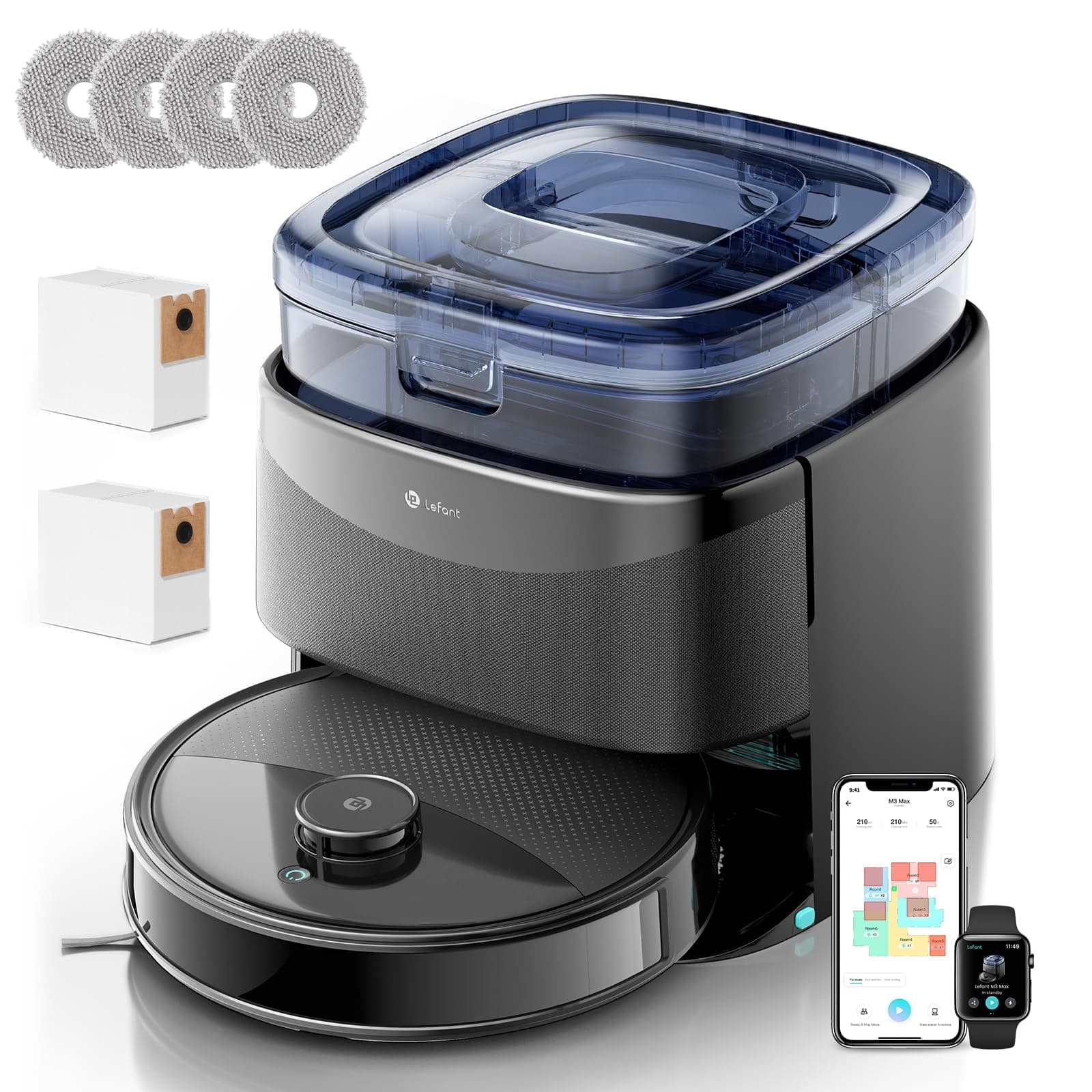 Lefant M3 Robot Aspirapolvere Lavapavimenti con Mappatura, 12000Pa, Stazione All-in-One, Autosvuotamento 3.2L, Laser dToF 360°, Ostacoli PSD, Lavaggio Mop 45°C e Asciugatura, WiFi 2.4G/5G, Alexa/APP