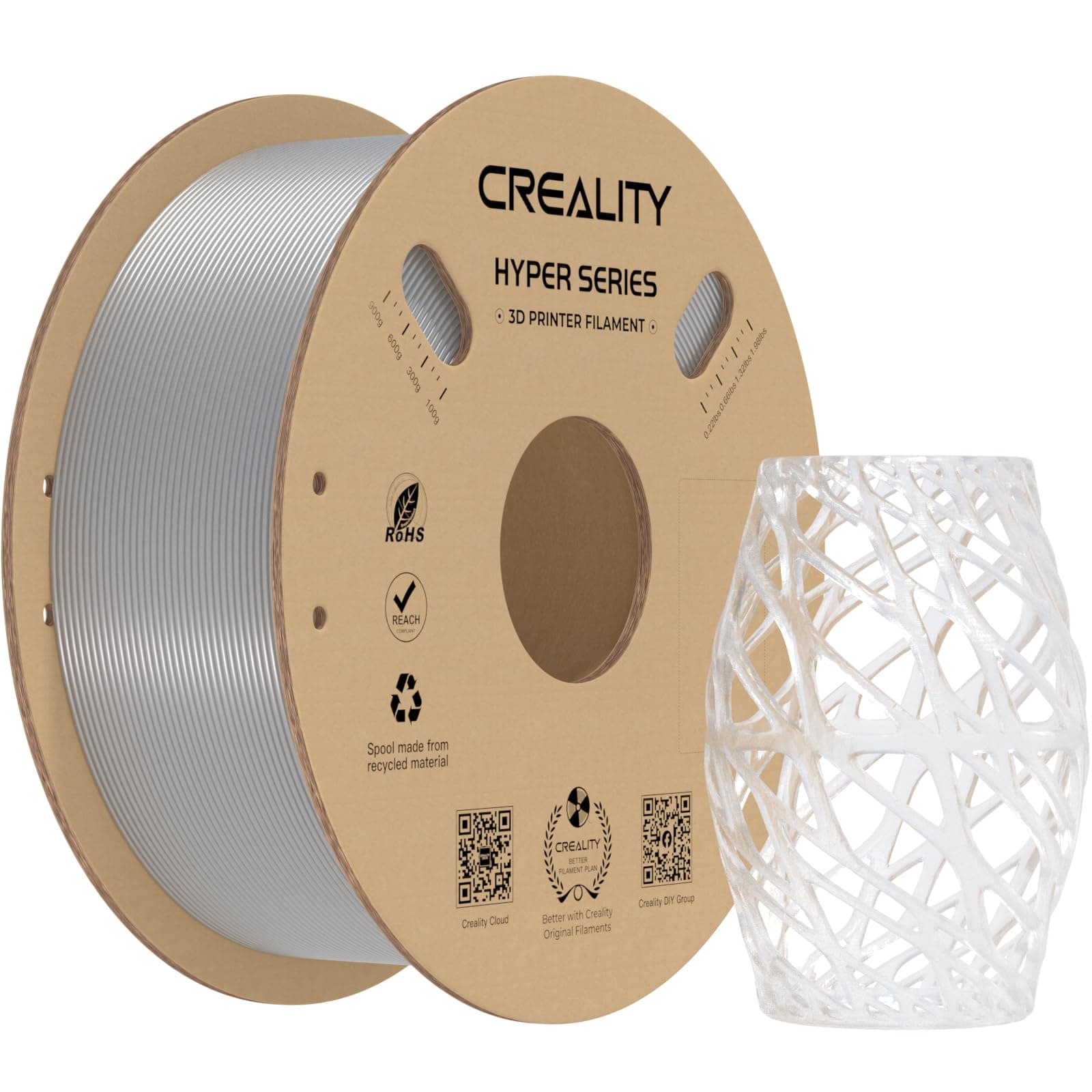 Creality Filamento PETG Transparente de 1.75mm para K1 Max, Diseñado para Alta Velocidad de 30 a 600mm/s, 1kg (2.2 lb)/Carrete, Hyper PETG, ± 0.03mm