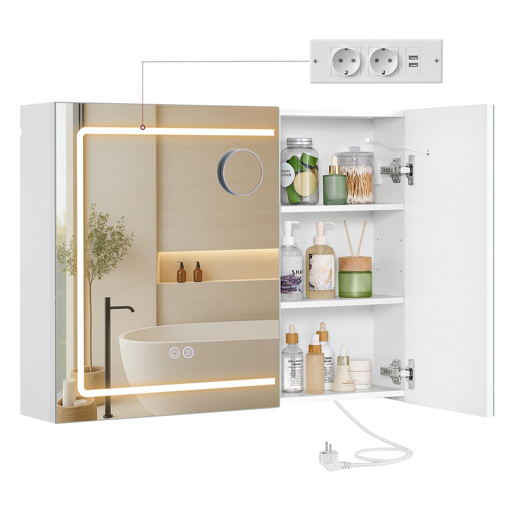 VASAGLE Kailyn Colección - Armario de Pared para Baño con Espejo, con LED, Multienchufe, Función Antivaho, Espejo de Aumento 10x, Estilo Moderno, 16,5 x 80 x 60 cm, Blanco BBK134W01
