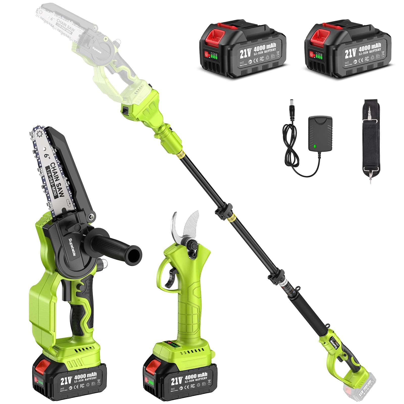Supstable Motosega a Batteria Telescopica 6 Pollici & 33 mm Forbice Potatura a Batteria, 4 in 1 Kit Motosega e Forbici con 8000 mAh Batterie, Asta Telescopica 4,8 m, Regolazione Catena Senza Attrezzi