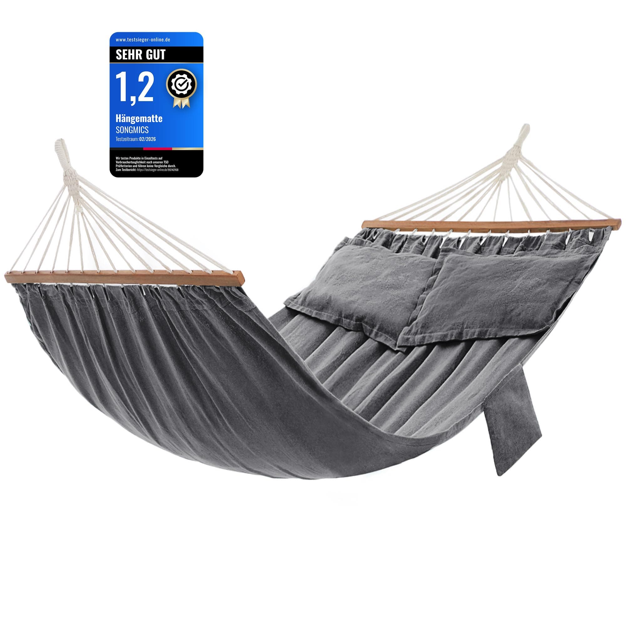 SONGMICS Hängematte, Outdoor, mit 2 Holzstangen, mit 2 Kissen, bis zu 300 kg belastbar, 210 x 150 cm, grau GDC022G01