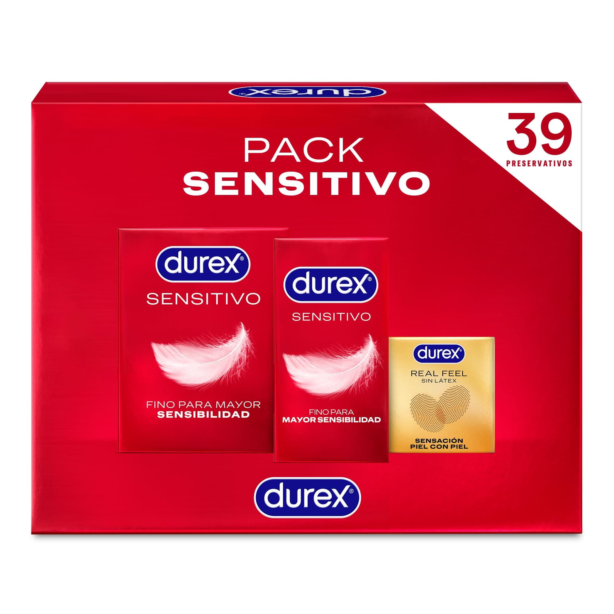 Durex Pack Preservativos Sensitivo Suave + Sensitivo Contacto Total + Real Feel Sin Latex, Pack Ahorro 39 condones