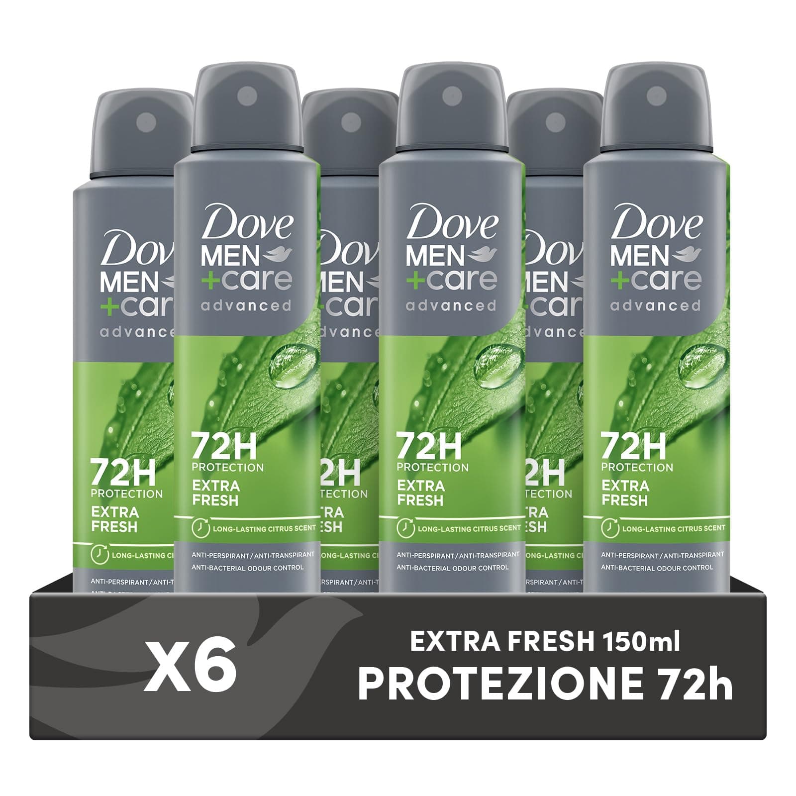 Dove Deodorante Dove Men + Care Extra Fresh Spray Advanced Care, Deodorante Uomo, con 1/4 Crema Idratante, Formula Idratante e Delicata sulla Pelle, Protezione Fino a 72 Ore, 6 Pezzi da 150 ml
