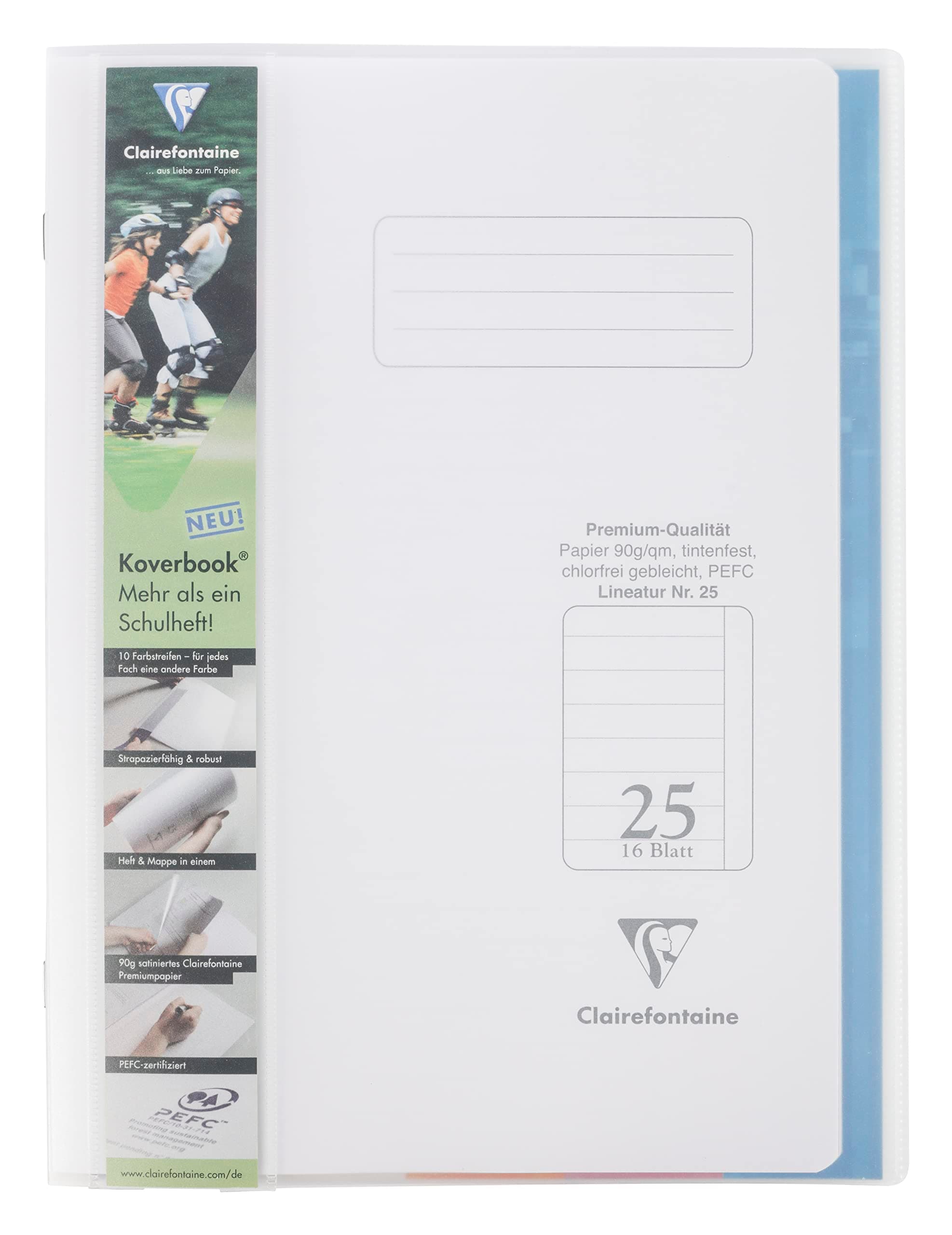 Clairefontaine 973225C - Heft Koverbook Deckel aus PP und Klarsichthüllen, DIN A4, 16 Blatt, 90g, Lineatur 25 liniert mit Rand, farbig sortiert, 1 Stück
