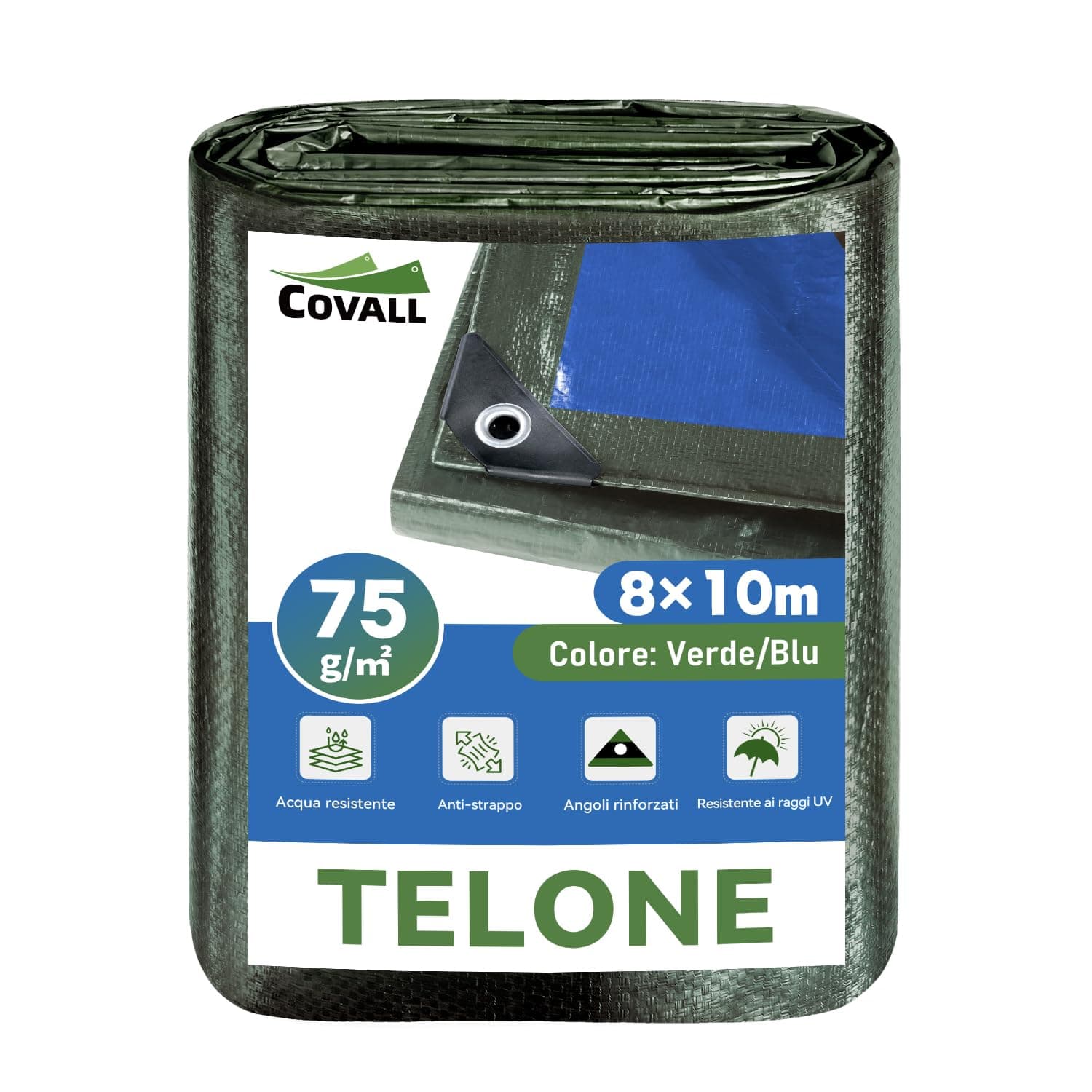 COVALL Telone blu Copertura 8x10m，75g/㎡ telo impermeabile esterno,di plastica multifunzione anti-strappo UV con foro occhio coperchio,adatta per campeggio,giardino,legno,Copertina per furgone