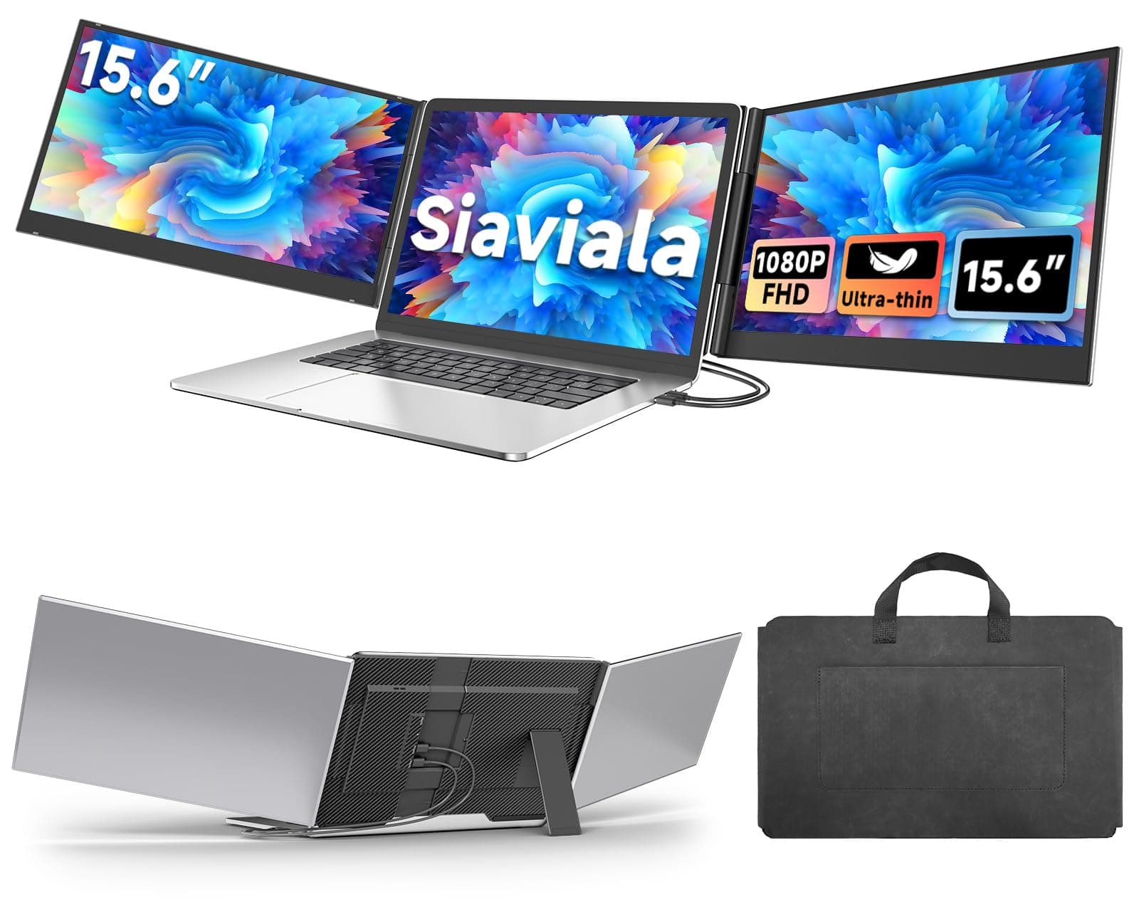 siaviala Ecran Portable 15.6”, 1080P FHD Triple Moniteur Portable pour PC Portables, Ultra-Fin Extension d'écran pour PC Portable 13-17,3", Deuxième écran HDMI/USB C Plug&Play pour Win/Mac/Android