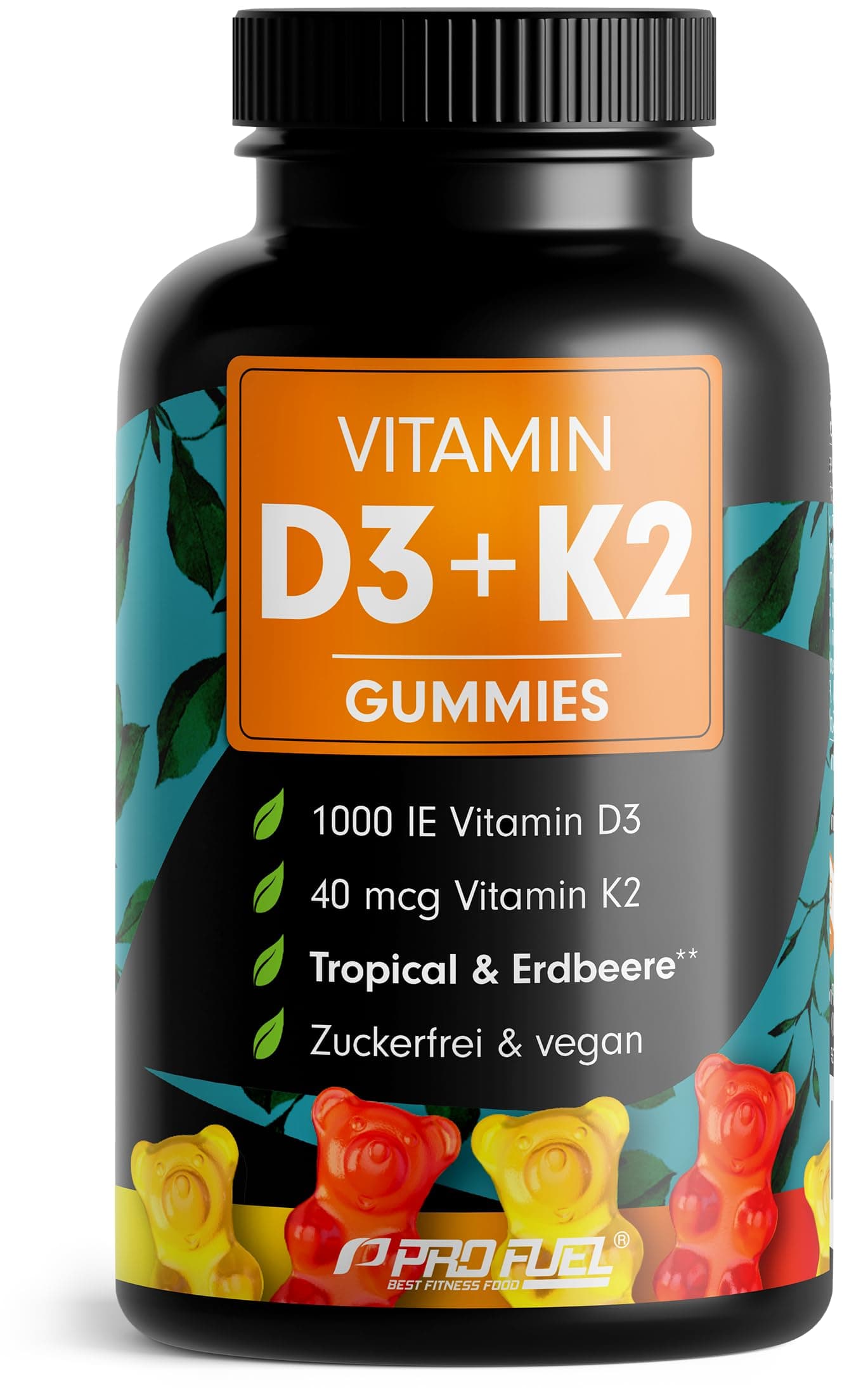 Vitamin D3 + K2 Gummies 60x mit je 1000 IE Vitamin D3 + 40 mcg Vitamin K2 - optimal hochdosiert - 100% zuckerfrei und vegan - laborgeprüft mit Zertifikat - Vorrat für 4 Monate
