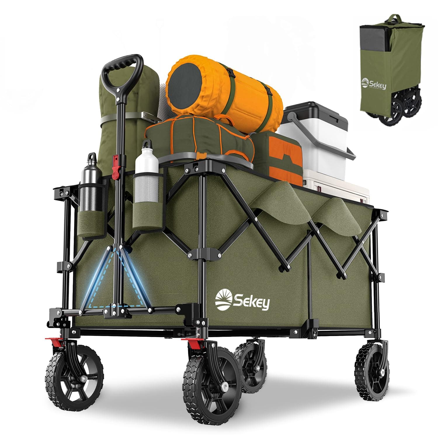 Sekey XXL Plus Carro Plegable con Rueda Frenos 200L 200KG, Carrito Transporte para Playa Camping Jardín, Patentado Plegable en Cuatro Direcciones SE4010, Verde Oliva