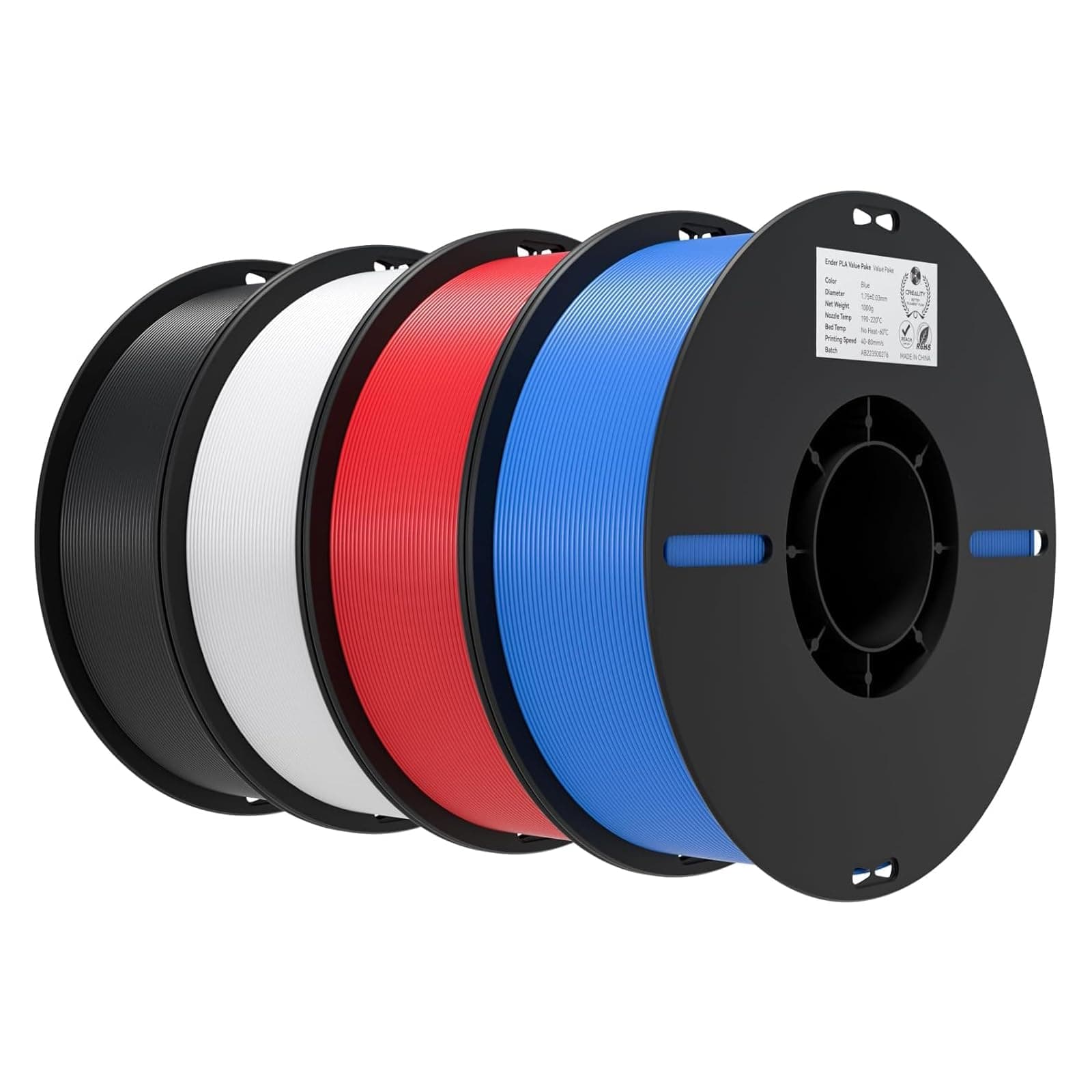 Creality Ender PLA Filamento 1,75 mm per Stampante 3D, Bobina 4 kg (8,8 libbre), Dimensionale +/- 0,03 mm, Adatta alla Maggior Parte delle Stampanti 3D (Nero+Bianco+Rosso+Blu)