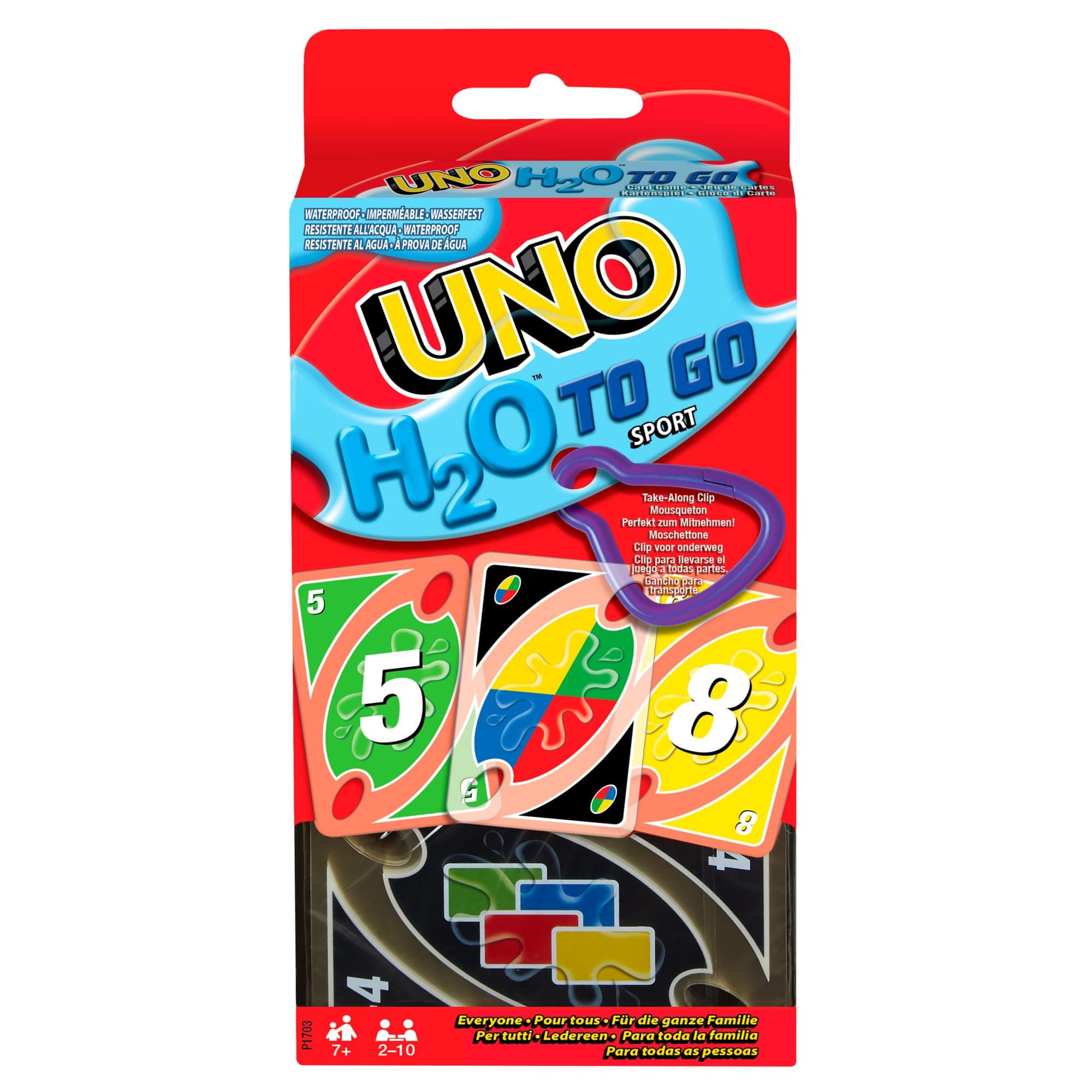 Mattel Games UNO H2O to Go, UNO Kartenspiel für die Familie, UNO wasserfest und zum Anhängen mit Karabinerhaken, Perfekt als Strand Spielzeug oder Reisespiel, für 2-10 Spieler, ab 7 Jahren, P1703