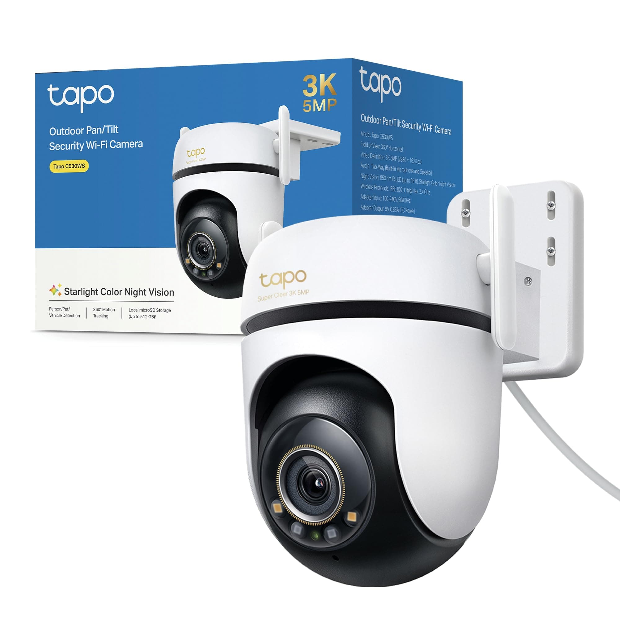 Tapo C530WS Telecamera Wi-Fi Esterno 3K 5MP, 360° Visuale, Visione Notturna a Colori Starlight, Rilevamento AI, IP66, Wi-Fi o Ethernet, Allarme Sonoro e Luminoso, Supporta MicroSD fino a 512 GB