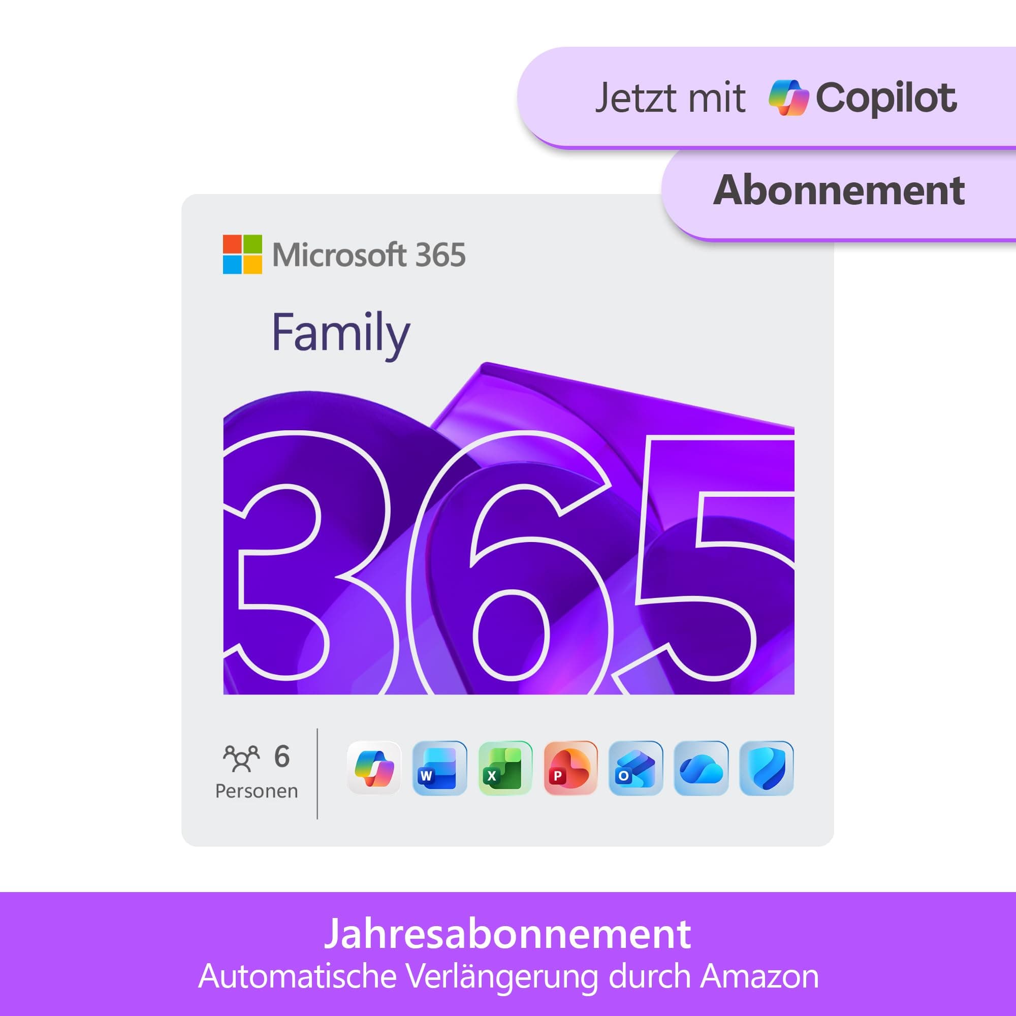 Microsoft 365 Family | 1 Jahr | bis zu 6 Personen | Office Apps mit KI | bis zu 6 TB Cloudspeicher | Amazon Abonnement mit automatischer Verlängerung