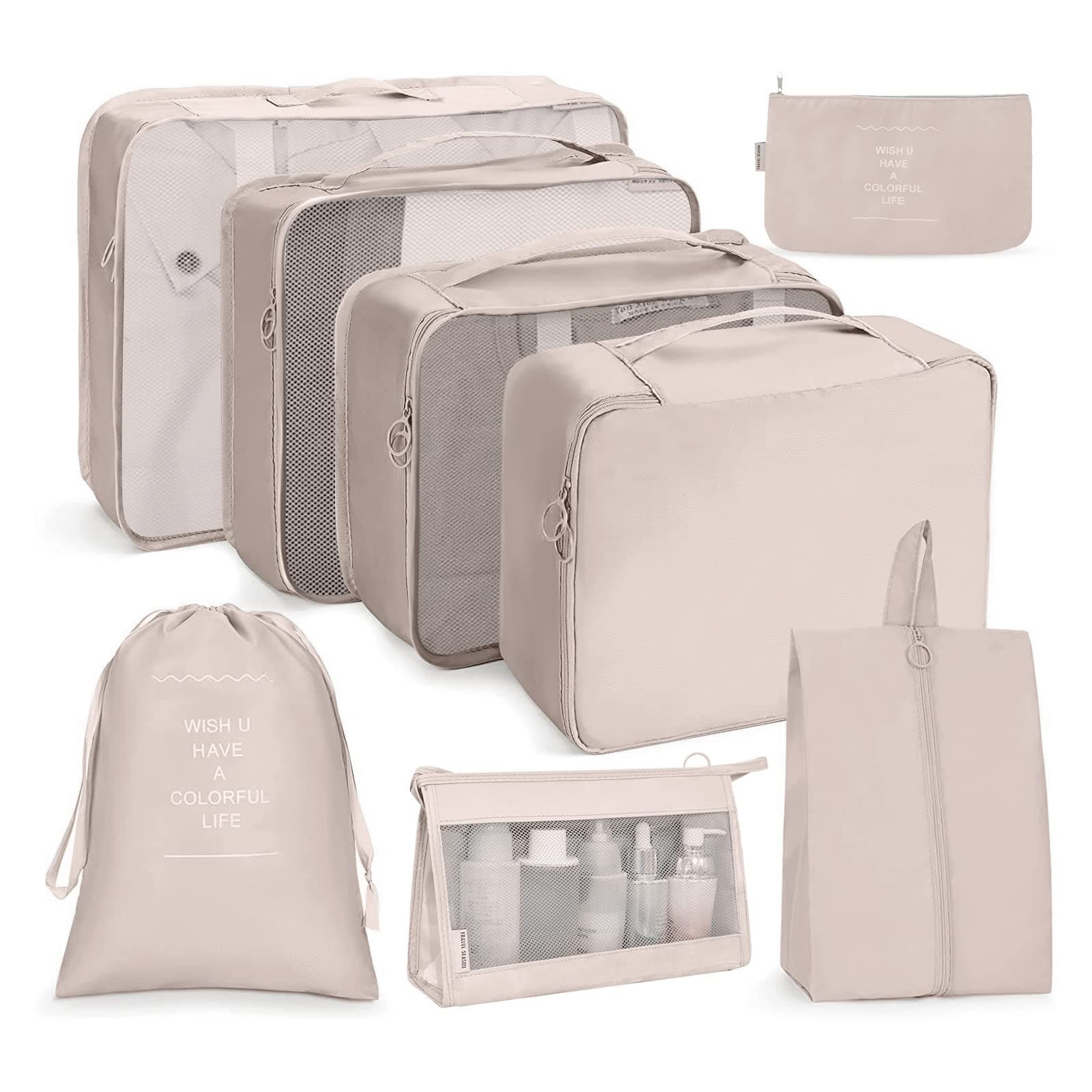 OSDUE Organizadores para Maletas,8 En 1 Set de Organizador de Equipaje, Impermeable Organizador Maleta Bolsas de Embalaje para Viaje Zapatos Cubos de Embalaje Ropa Cosméticos Ropa Interior -Beige