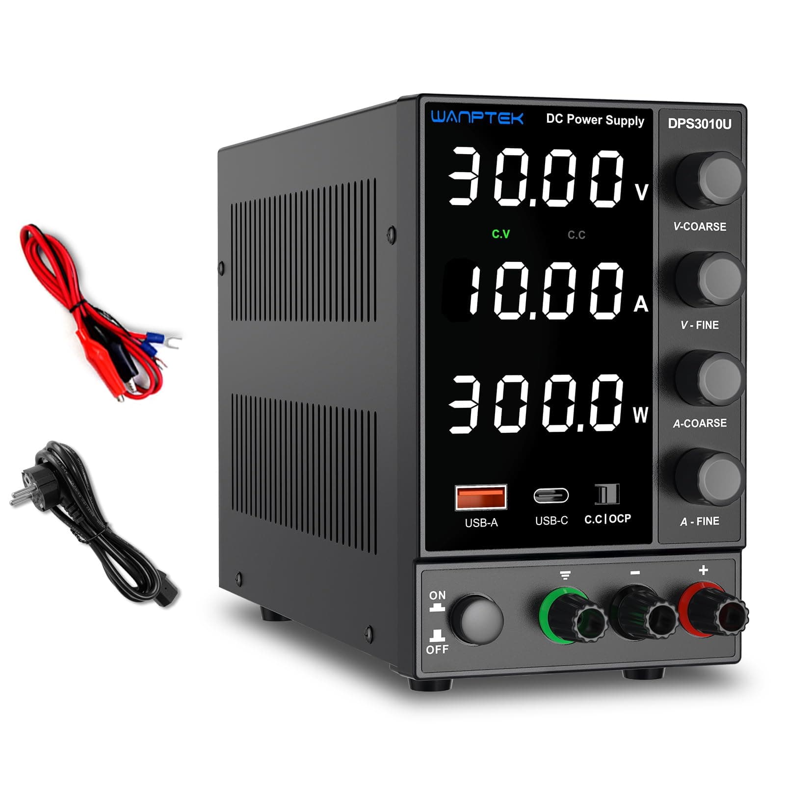 WANPTEK POWER Alimentatore da Banco 30V 10A, Alimentatore da Laboratorio Regolabile con OCP, Alimentatore Stabilizzato con Display LED a 4 Cifre, Porta USB-A & Type-C Ricarica Rapida