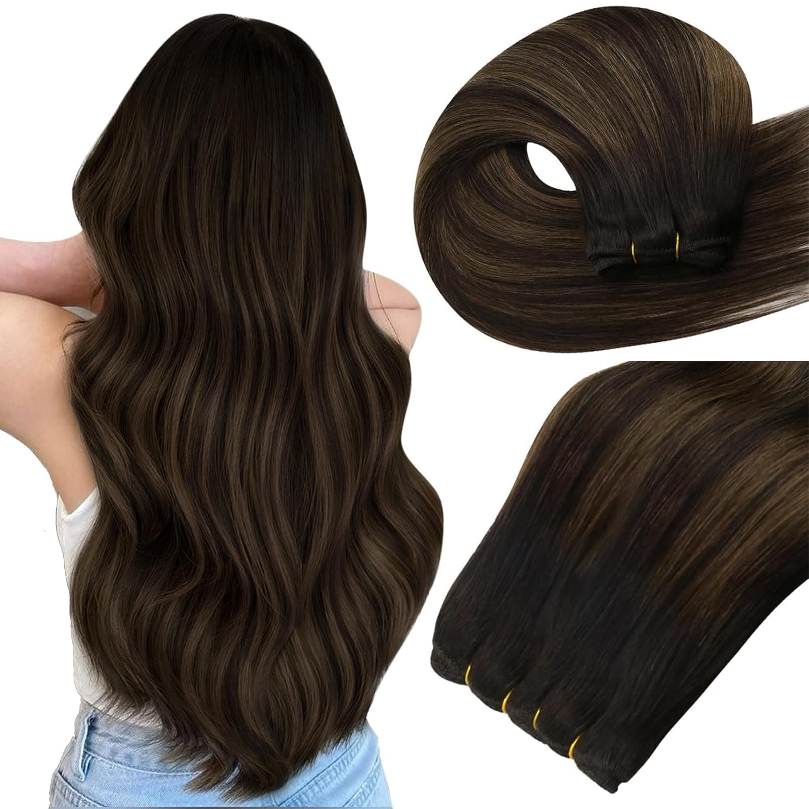 Easyouth Extension Capelli Veri Tessitura 60cm Marrone Balayage Estensione Capelli Veri Tessitura Ombre Marrone Scuro Medio Weft Remy Human Hair Extension Lunghi #2/8/2 100g