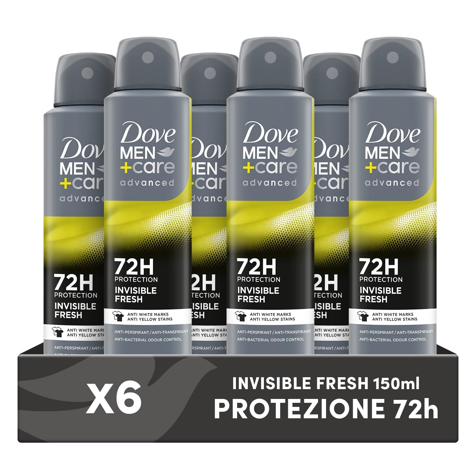 Dove Deodorante Dove Men + Care Invisible Fresh Spray Advanced Care, Deodorante Uomo, con 1/4 Crema Idratante, Formula Idratante e Anti-Macchia, Protezione Fino a 72 Ore, 6 Pezzi da 150 ml