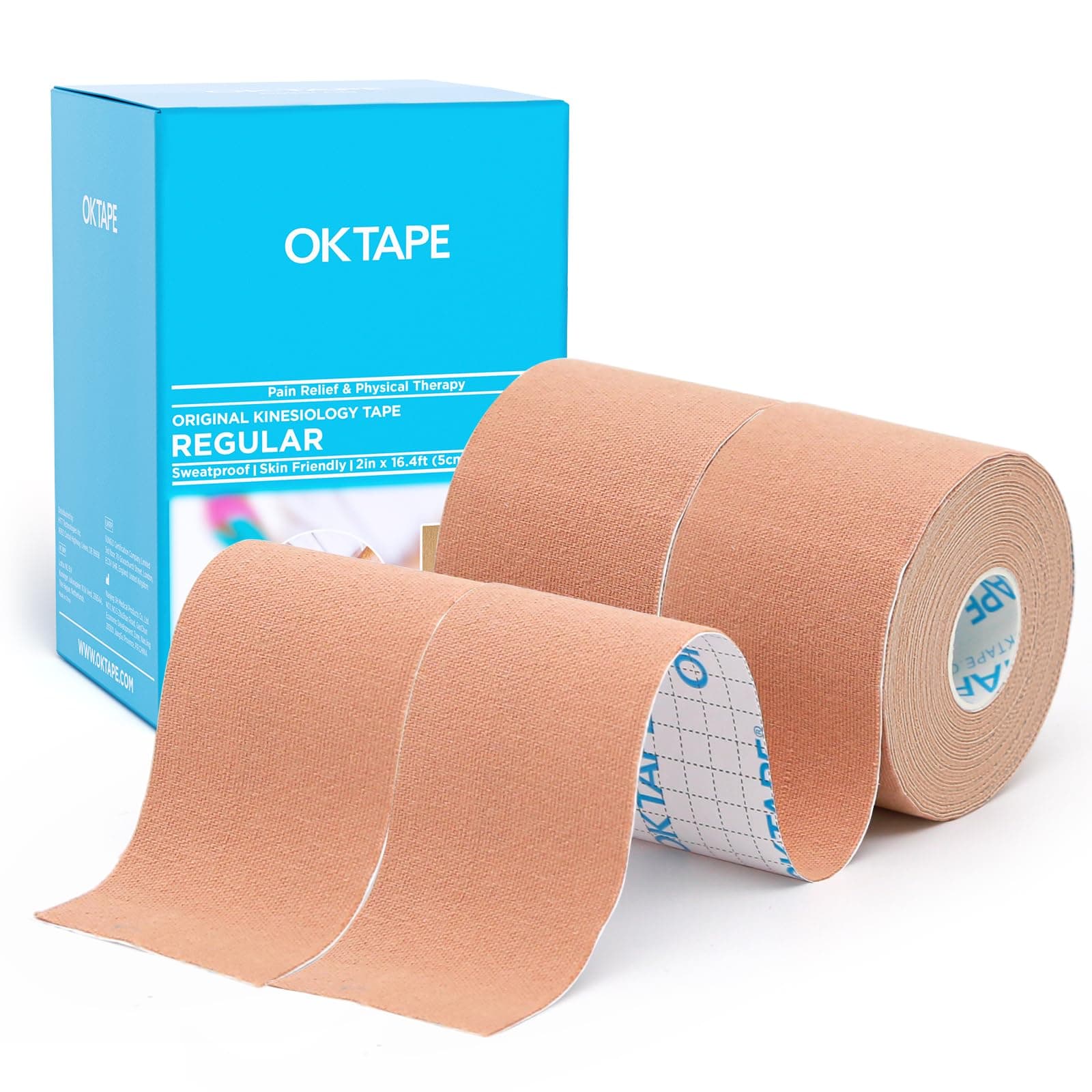 OK TAPE Tape Kinesiologie,Strap Sport,5cm x 5m,2 Rouleaux,Beige étanche,Sans latex,en Coton,pour le soutien et la récupération, Soutien musculaire Soulager