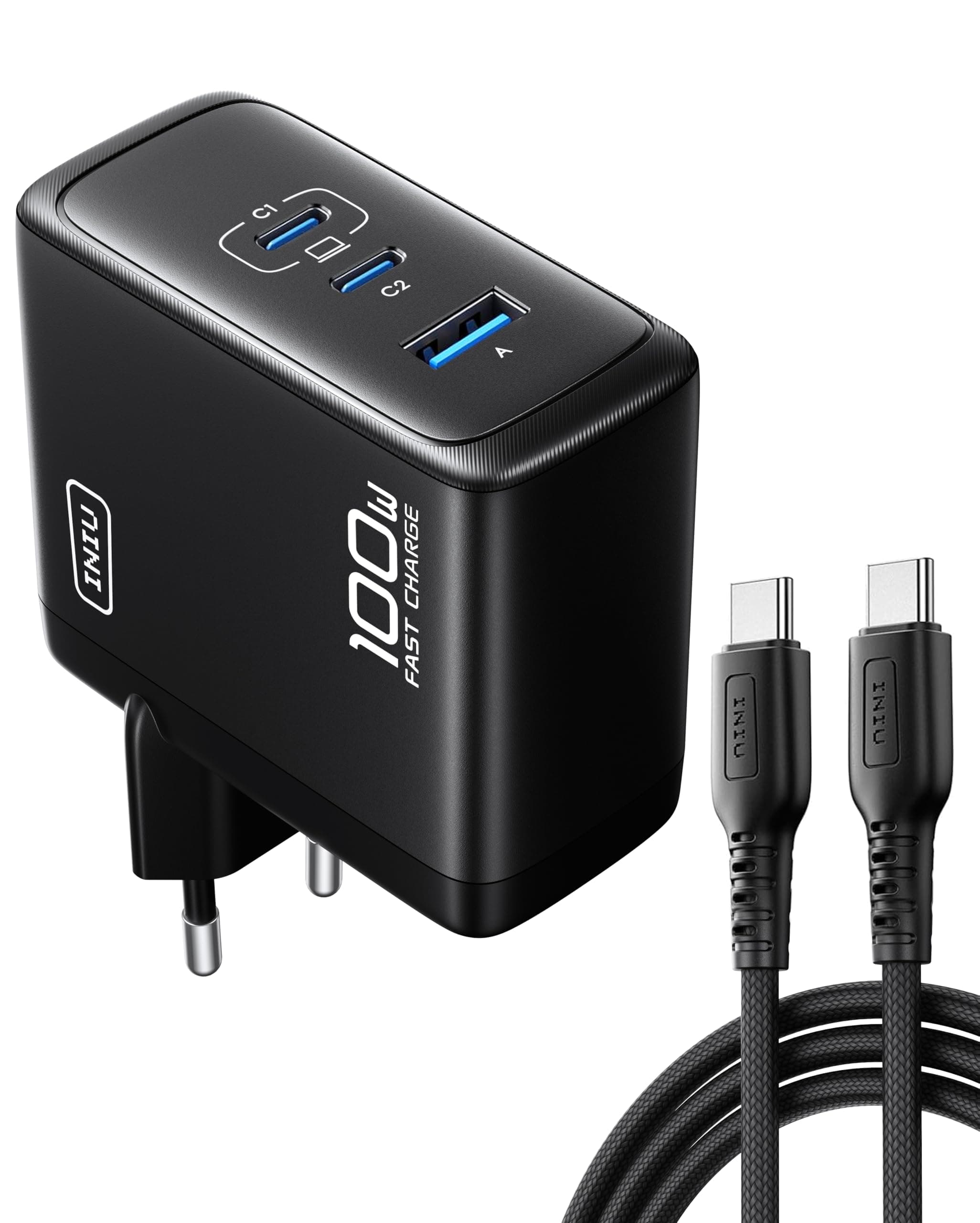INIU 100W USB C Caricatore, GaN Multiplo Presa USBC Caricabatterie, Alimentatore Rapido Compatto con Cavo per MacBook Pro Air iPad, iPhone 17 16 15 Pro Max, Samsung S25 S24 Ultra, Switch 2, Xiaomi 15
