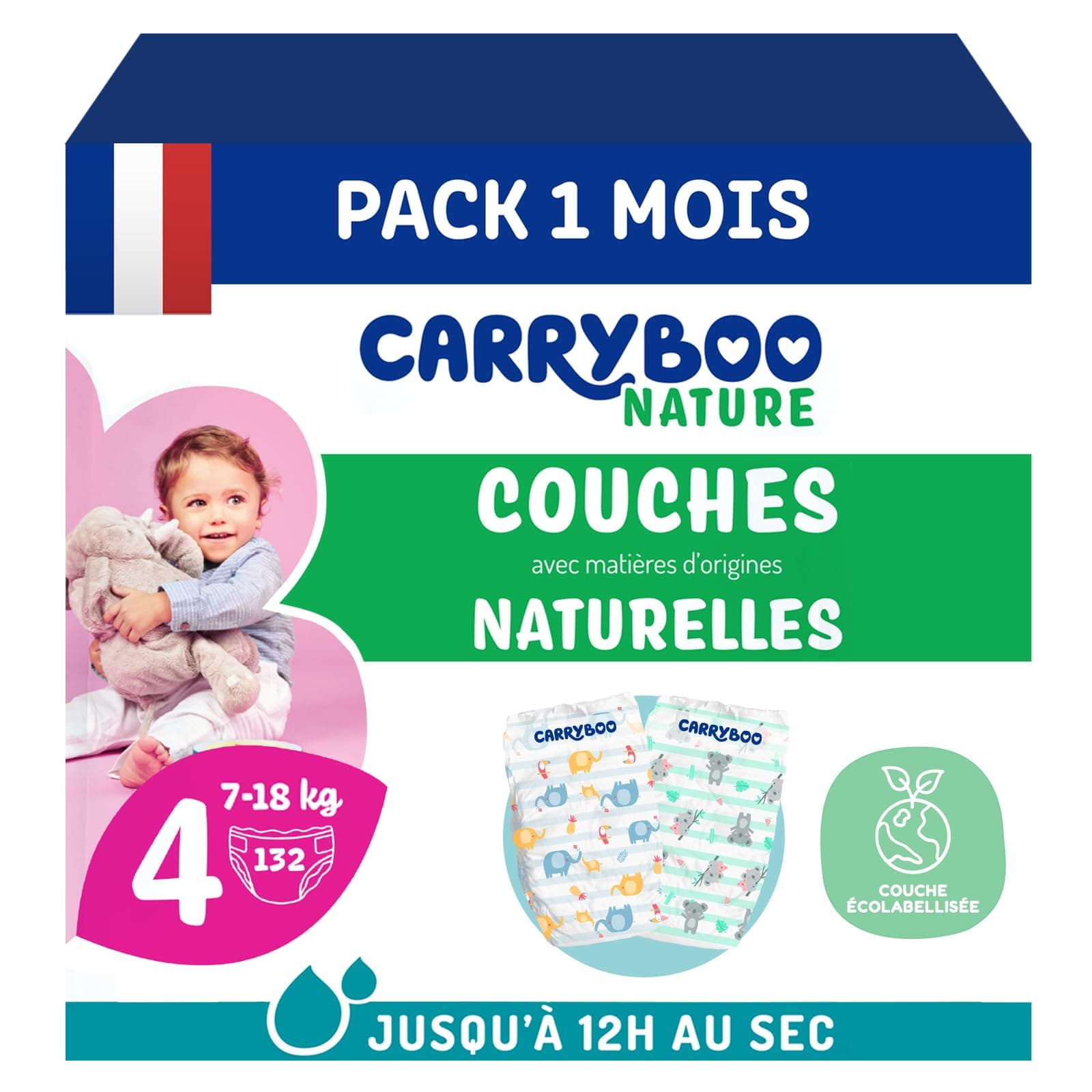 CARRYBOO - Couches Taille 4 (7-18kg) - Peaux sensibles - Naturelles et Ultra absorbantes - 12h Anti-fuites - Sans ingrédients indésirables - Fabriquées en France - 132 Couches - Pack 1 Mois