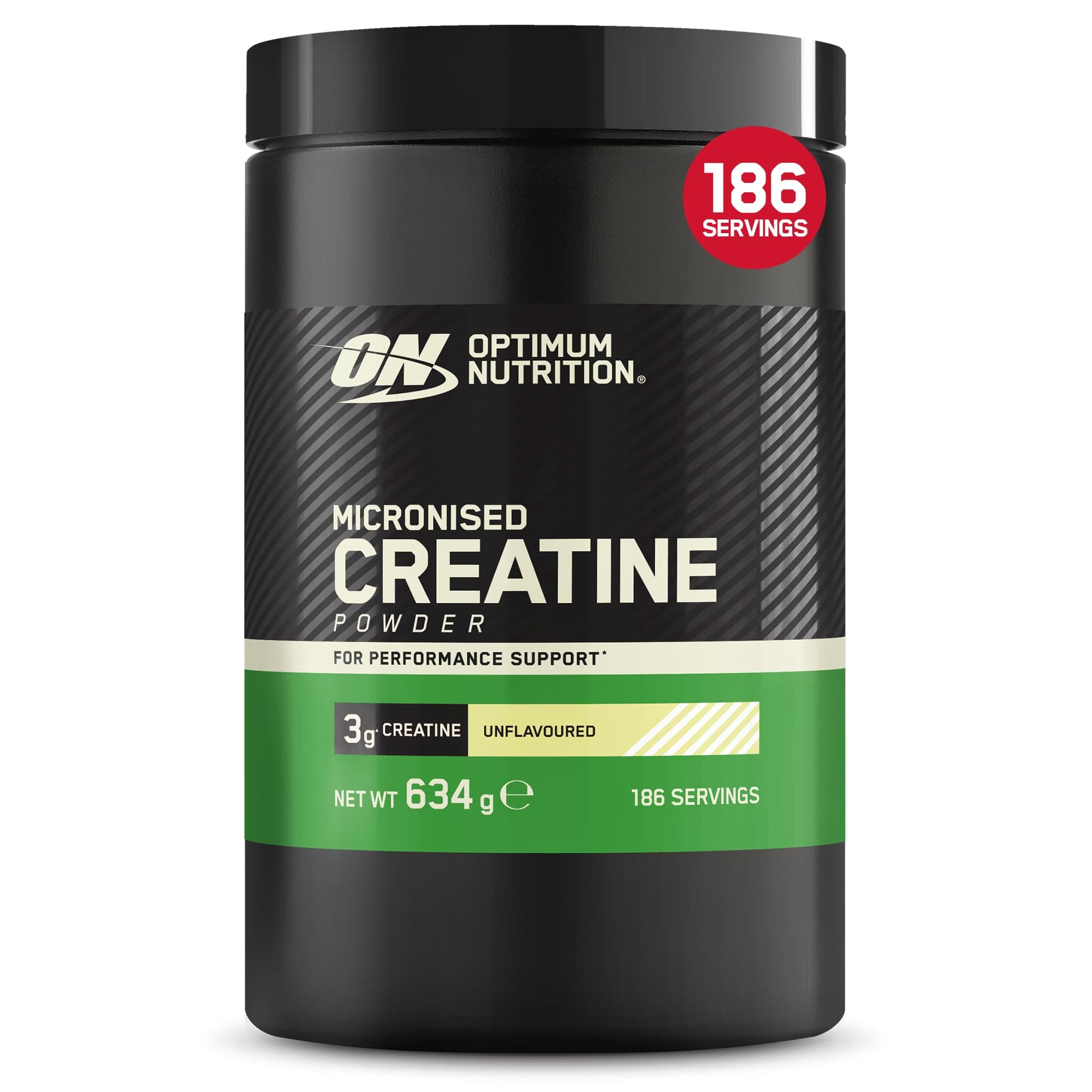 Optimum Nutrition Micronised Creatine Monohydrate en Poudre, 634g | Non Aromatisé, 186 Portions, Complément pour Soutenir la Force et la Puissance Musculaires,Pré et Post Entraînement
