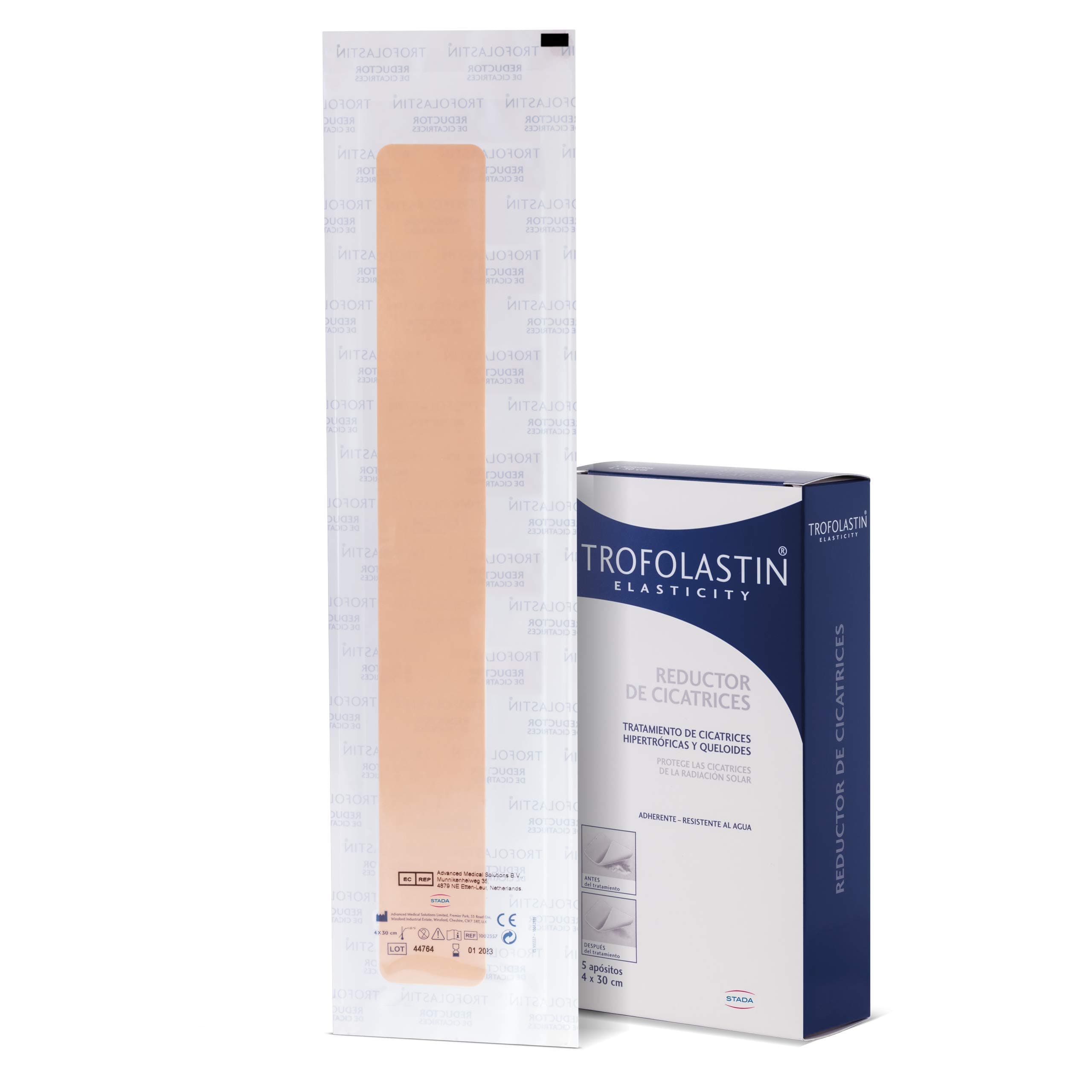 Trofolastin, Reductor de Cicatrices, Apósitos Adhesivos para Cicatrices Hipertróficas y Queloides, Quemaduras y Cortes, Tamaño 4x30cm, 5 Unidades
