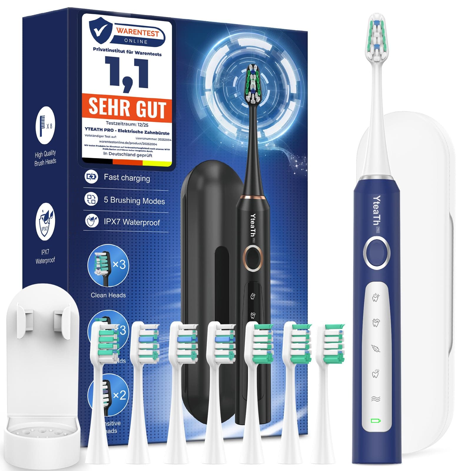 Cepillo de Dientes Eléctrico Sónico para Hombres - Cepillo Electrico Sónico Adultos con 8 Cabezales y Estuche de Viaje, 5 Modos, IPX7 Impermeable, Cepillo Dientes Electrico de Viaje Recargable, Azul