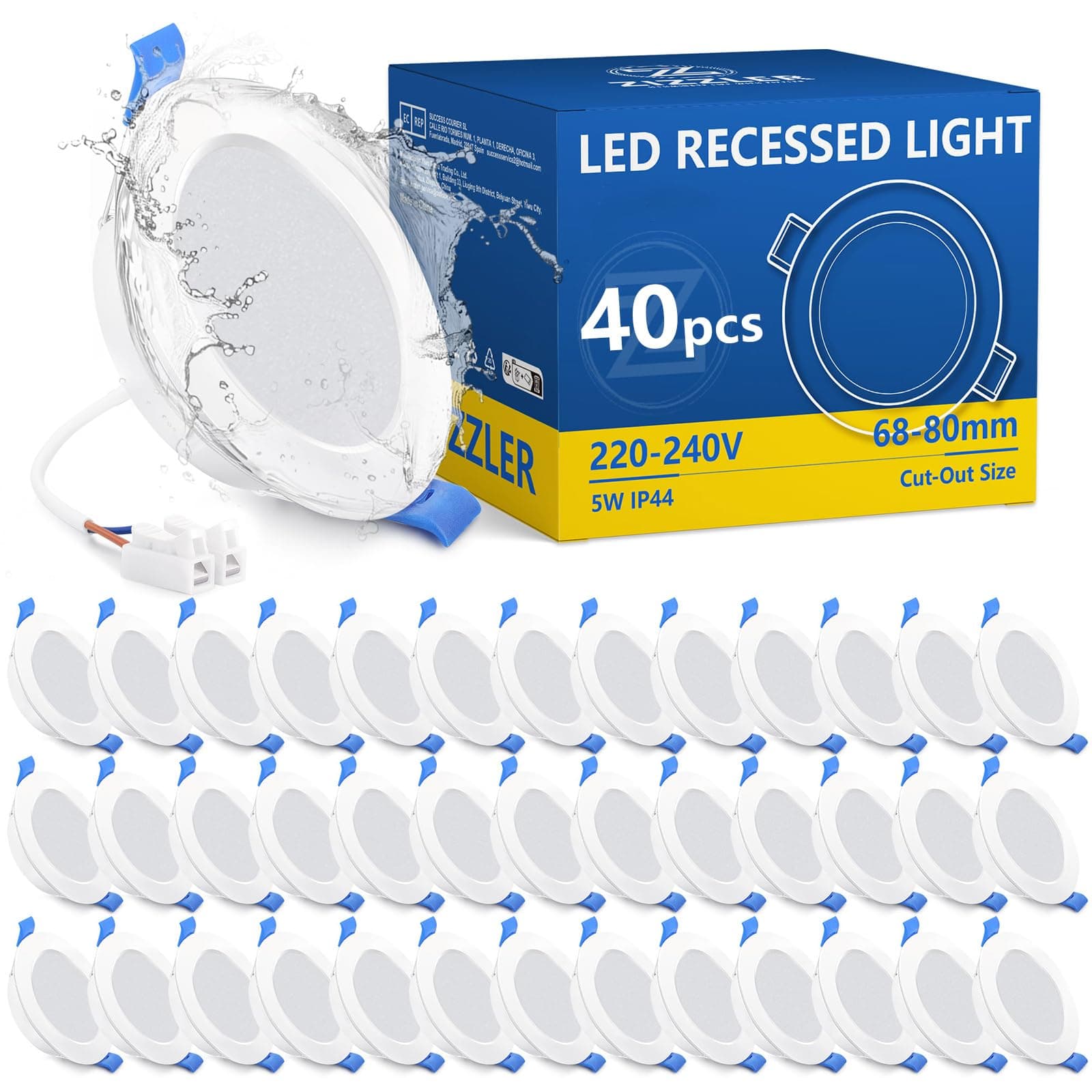 ZIZZLER Lot de 40, Spots LED Encastrable Salle de Bain Plafond Extra Plat, Trou 68mm, Blanc Neutre 4000K, Etanche IP44, 5W, 220V, Diametre 90mm, Interieur Cuisine Bathroom