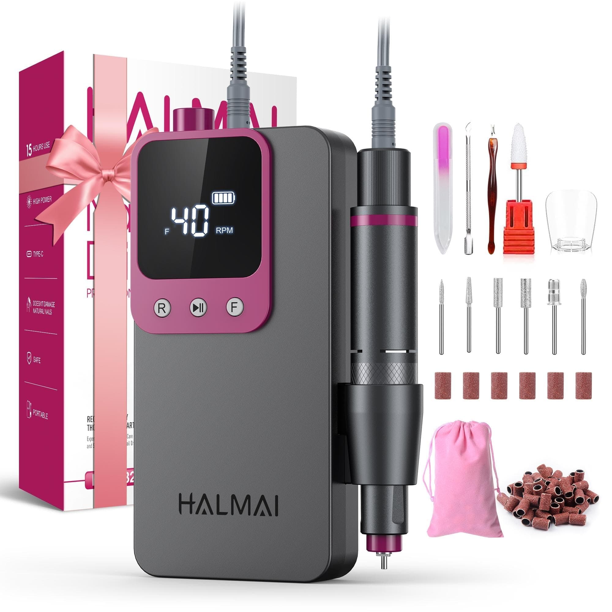HALMAI Ponceuse pour ongles professionnelle, Lime à ongles portable en gel acrylique, Ponceuse à ongles sans fil rechargeable 40000RPM, HMC320, machine à ongles de qualité salon(Gris Foncé)