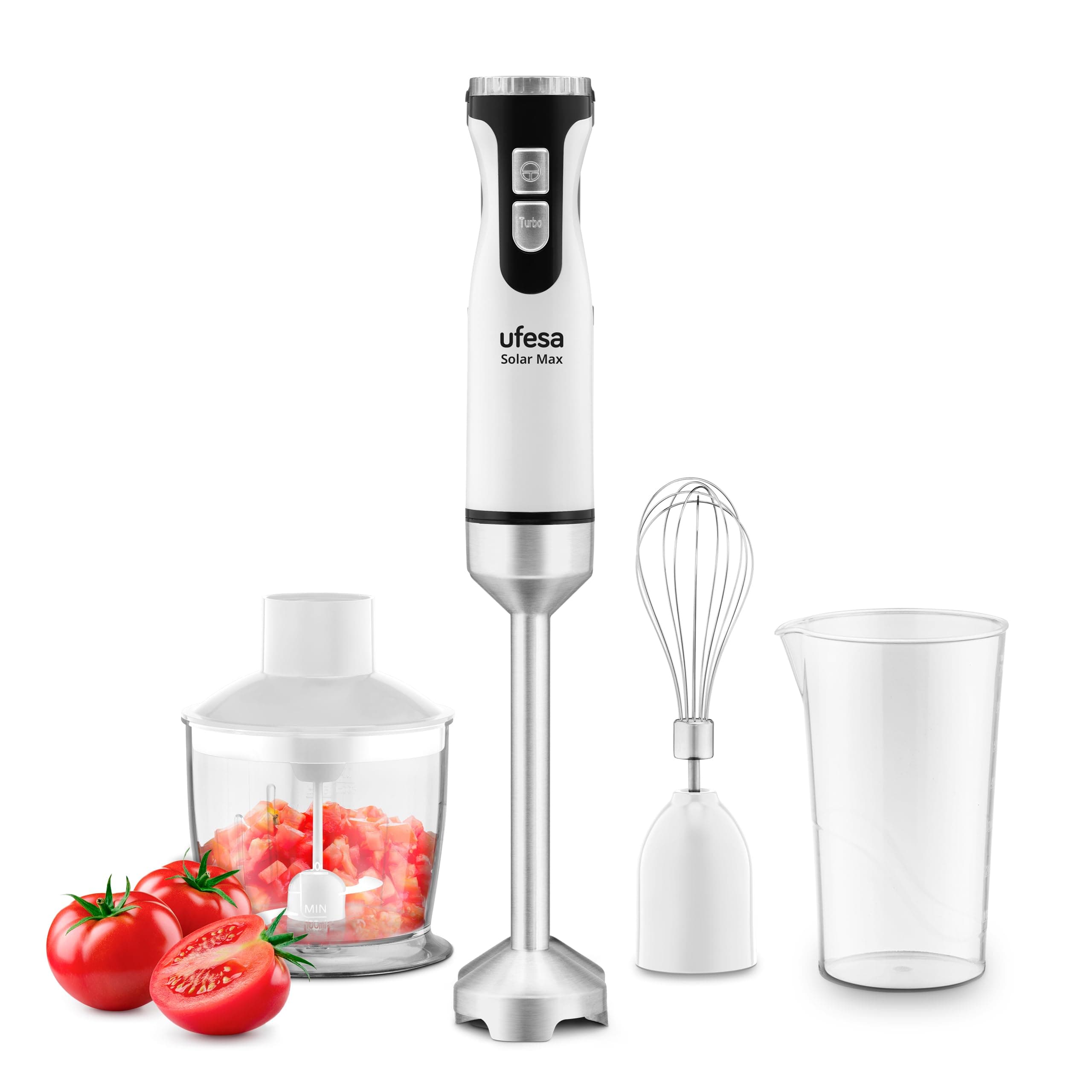 Ufesa Solar Max Batidora de Mano, Potencia 1200W, 12 Velocidades + TURBO, 4 Cuchillas de Acero Inoxidable, Diseño Ergonómico y Anti Salpicaduras, Accesorios Incluidos, Sin BPA