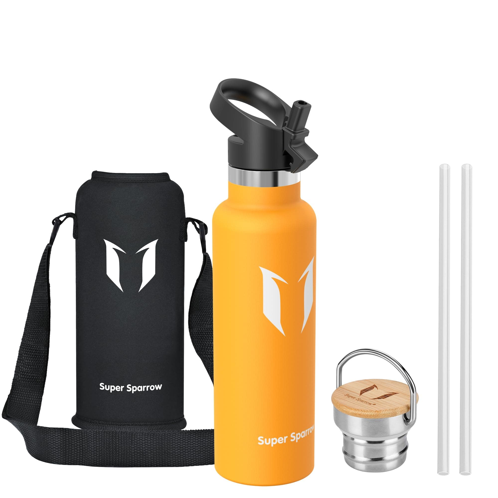 Super Sparrow Trinkflasche Edelstahl - 500ml/750ml/1L - Auslaufsicher Thermoskanne, BPA-Frei Wasserflasche - Thermosflasche Kinder für Sprudel, Sport, Schule, Fitness - Mit 2 Deckeln