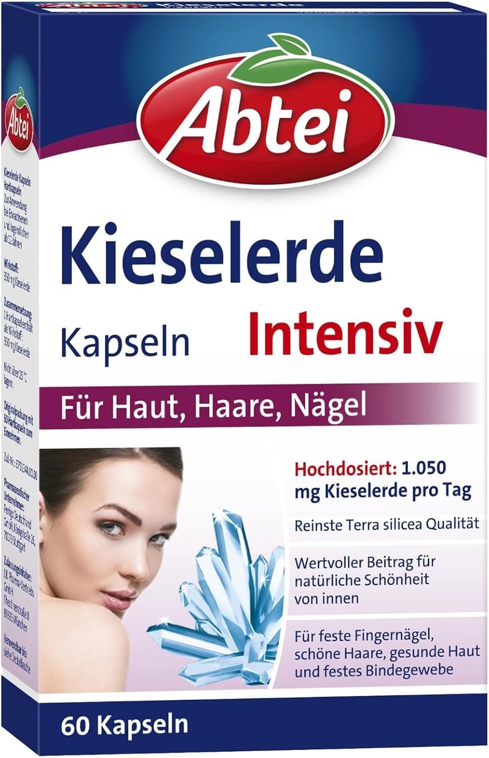 ABTEI Kieselerde Intensiv – Silizium Kapseln – 1050 mg hochdosierte Kieselerde pro Tag – feste Nägel, schöne Haare, gesunde Haut – glutenfrei, laktosefrei – 60 Kapseln