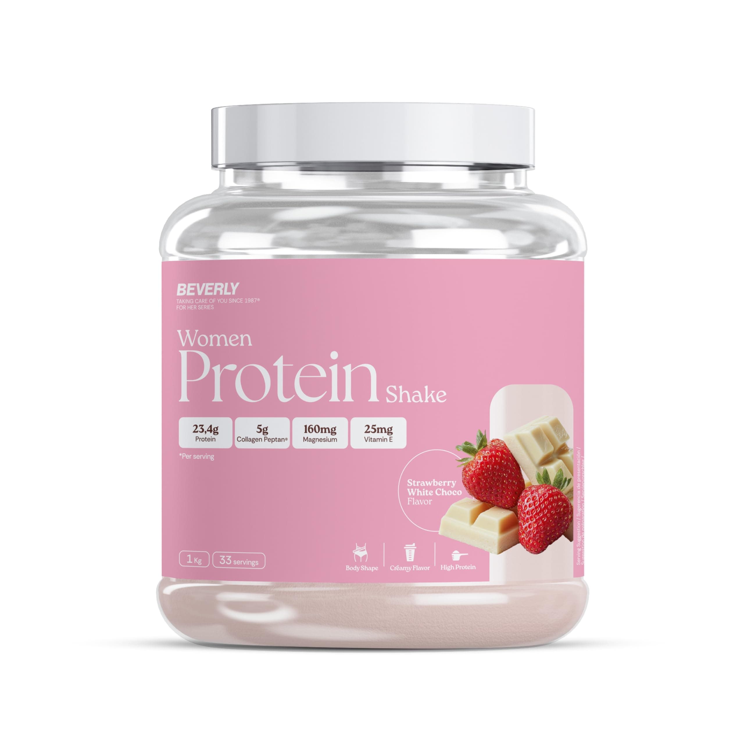 Beverly Women Protein - Proteína de suero especial mujer con colágeno marino, magnesio y vitamina E - 24 g de proteína por servicio - 33 servicios (1 Kg, Choco blanco fresa)