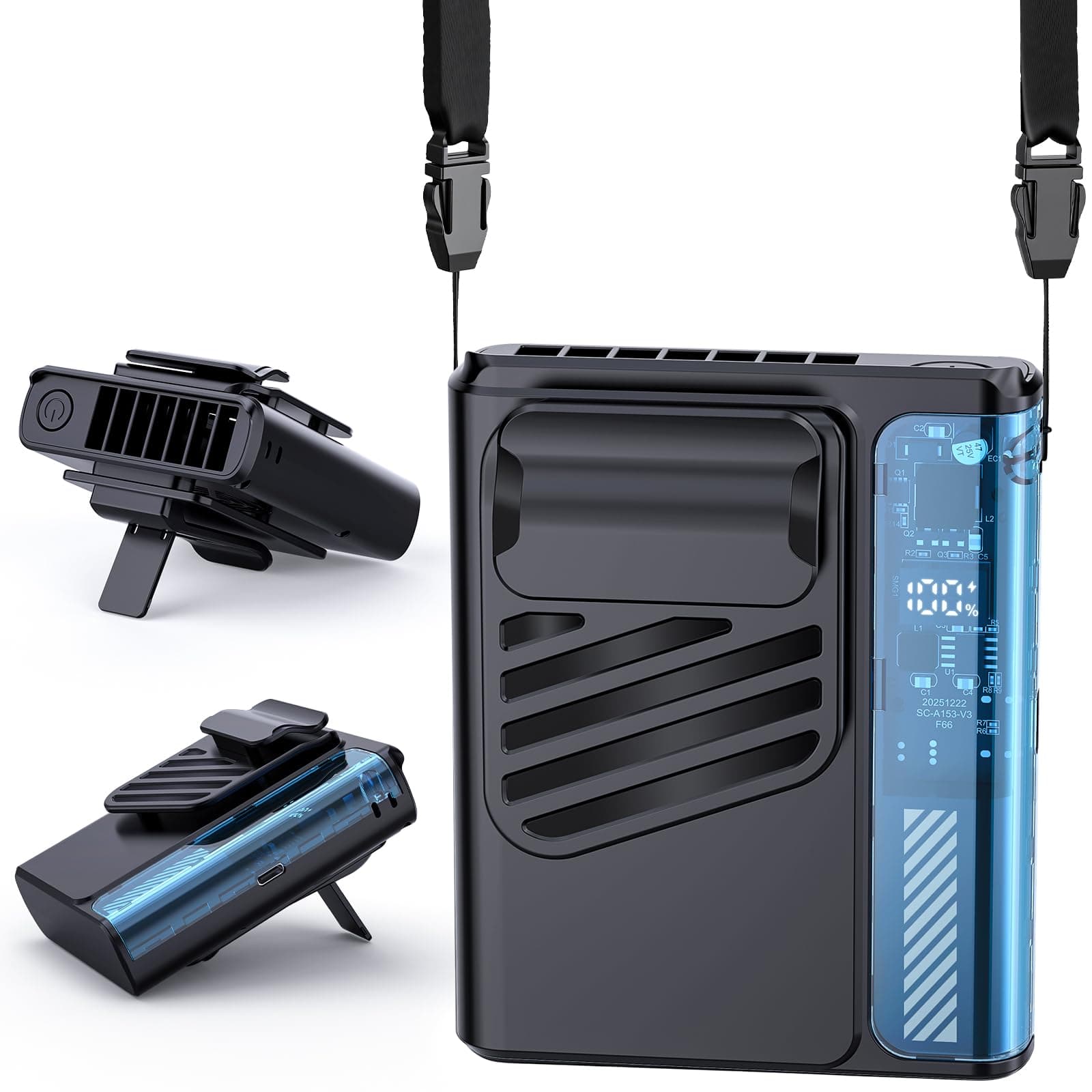 Ventilador Portatil Cintura Clip - Negro Bateria Recargable Ventilador Usb 10000rpm y 5 velocidades, ventilador camiseta con Pantalla Led, manos libres, Deportivo, Viaje, Trabajo, Camping, Regalo