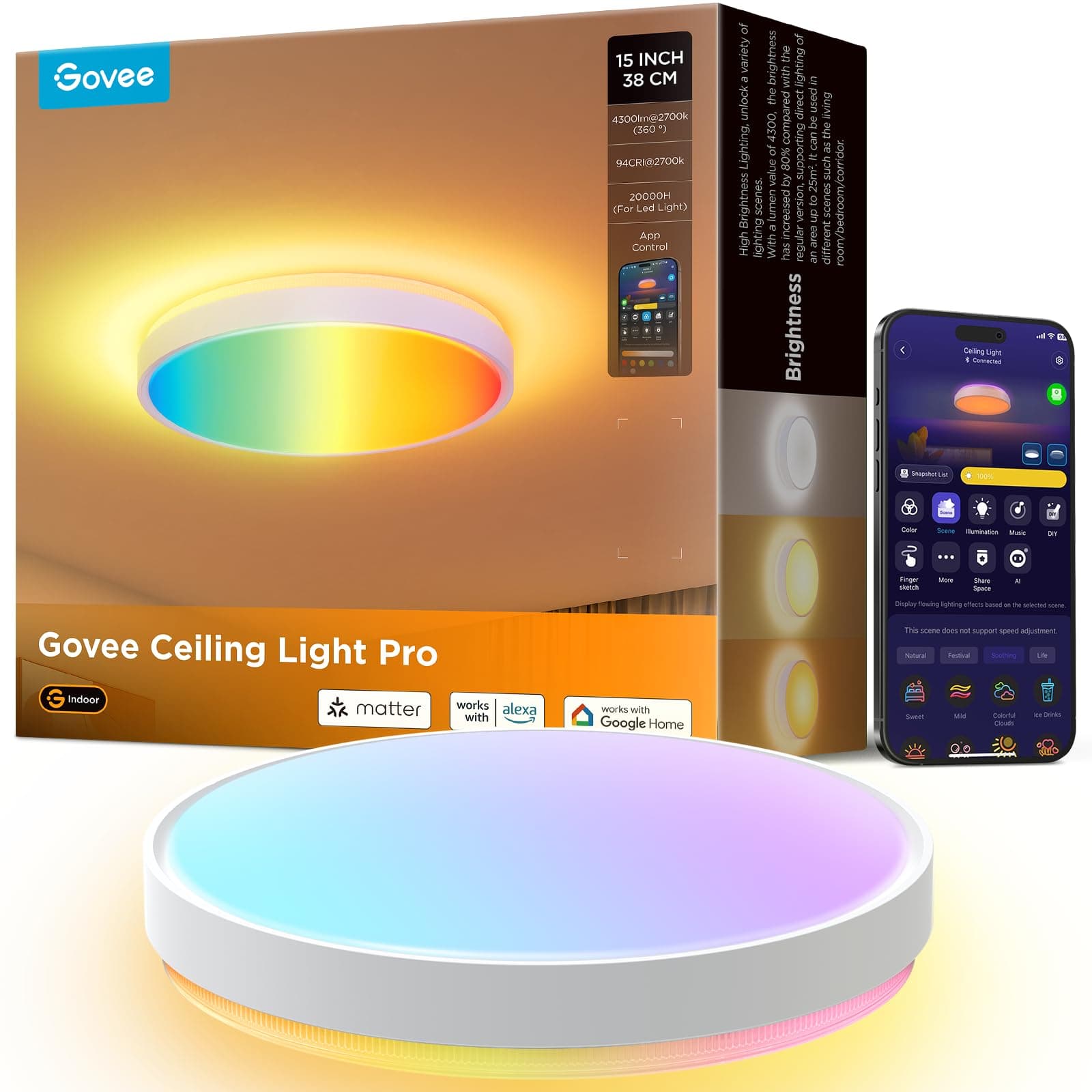 Govee Deckenlampe RGBIC 48,5W, Smart Led Deckenleuchte 4300lm Kompatibel mit Matter, Alexa & Google Assistant, Deckenlampe Led Ø38cm Lamp Dimmbar mit Hintergrundbeleuchtung für Wohnzimmer Schlafzimmer