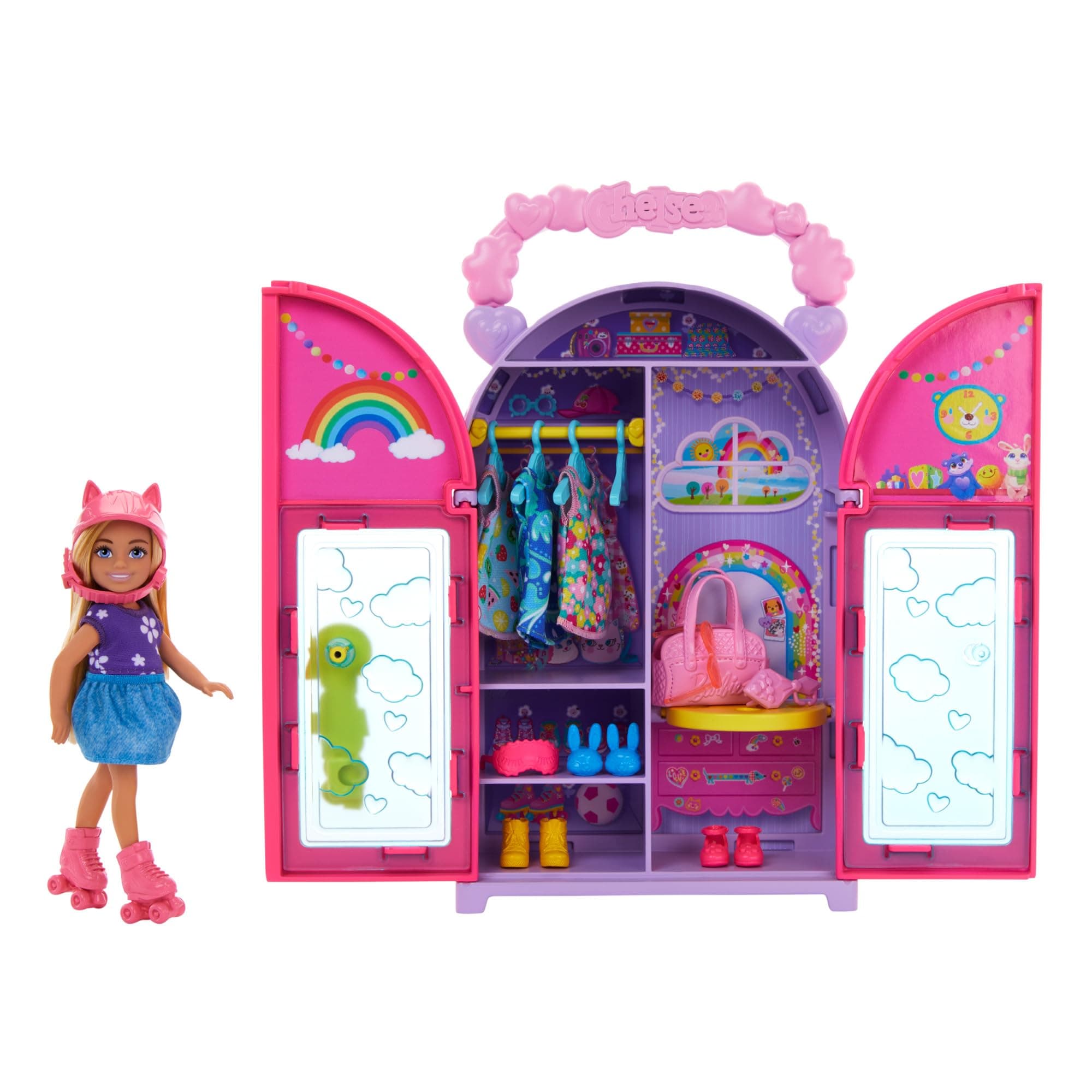 Barbie Chelsea Puppe und Kleiderschrank-Spielset mit Kleidung und Accessoires, 17-teiliges Set, faltbar zum Spielen für unterwegs und zum Verstauen, HXN03