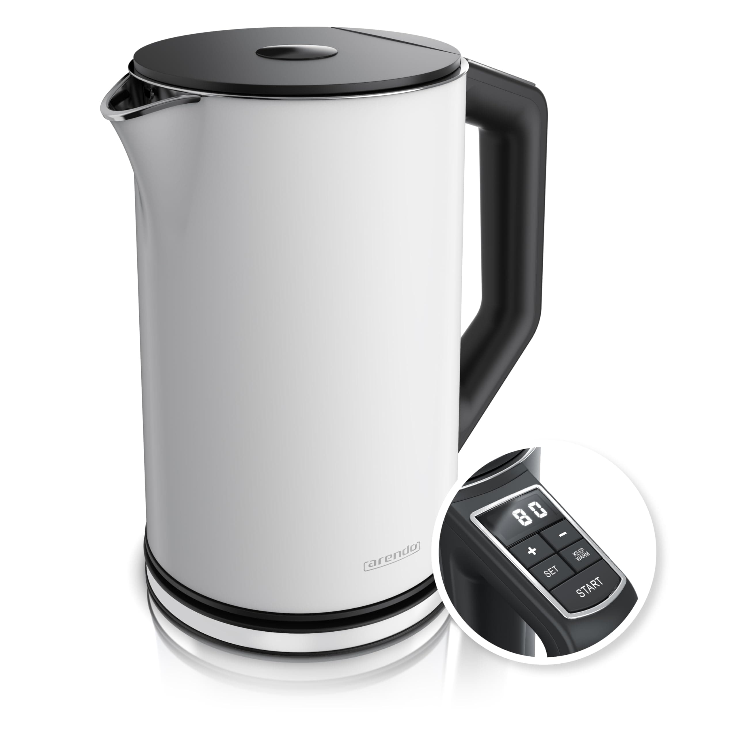 Arendo - Edelstahl Wasserkocher mit Temperatureinstellung 40-100 Grad in 5er Schritten - Doppelwand Design - Modell ELEGANT - 1,5 Liter - 2200 W - Teekocher mit Temperaturanzeige - GS - weiß