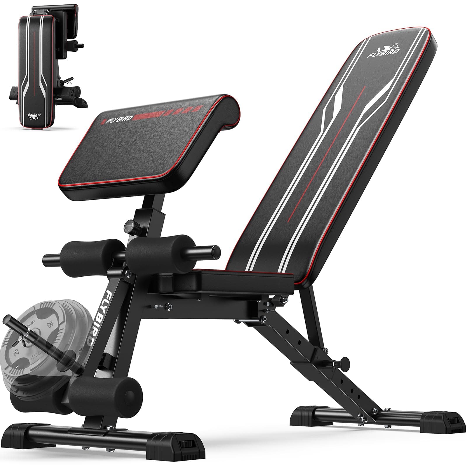 FLYBIRD Banca Multifuncional para Pesas, Alto Rendimiento para Gimnasio Domiciliario, Plegable & Ajustable, 360~544kg Capacidad, Respaldo Largo para Press de Banca