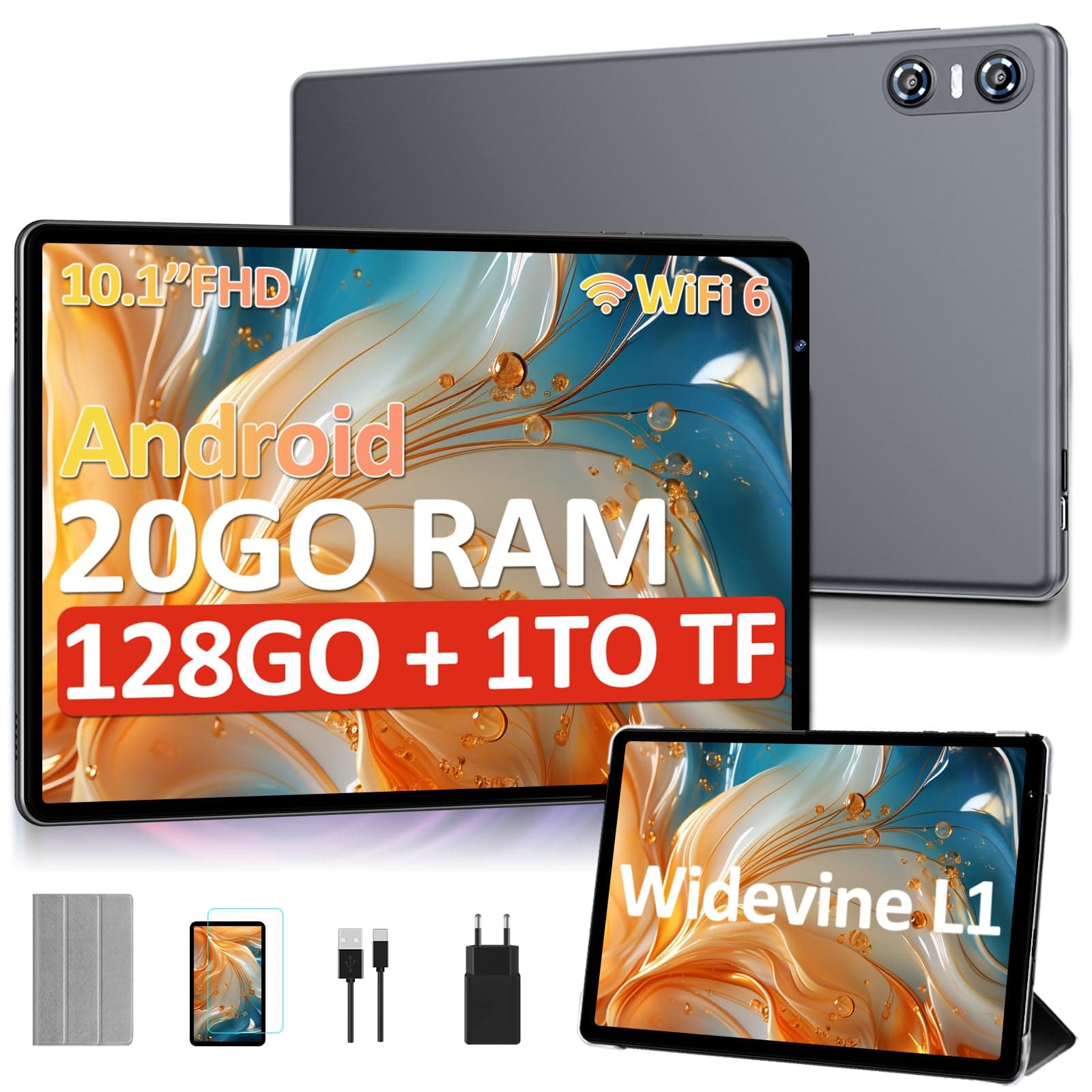 SKYEGG Tablet 10 Pulgadas Android – 20GB RAM + 128GB ROM (Ampliable hasta 1TB), Widevine L1, WiFi 6, Batería 6000mAh, con Funda – Ideal para Estudio, Trabajo y Entretenimiento – Gris