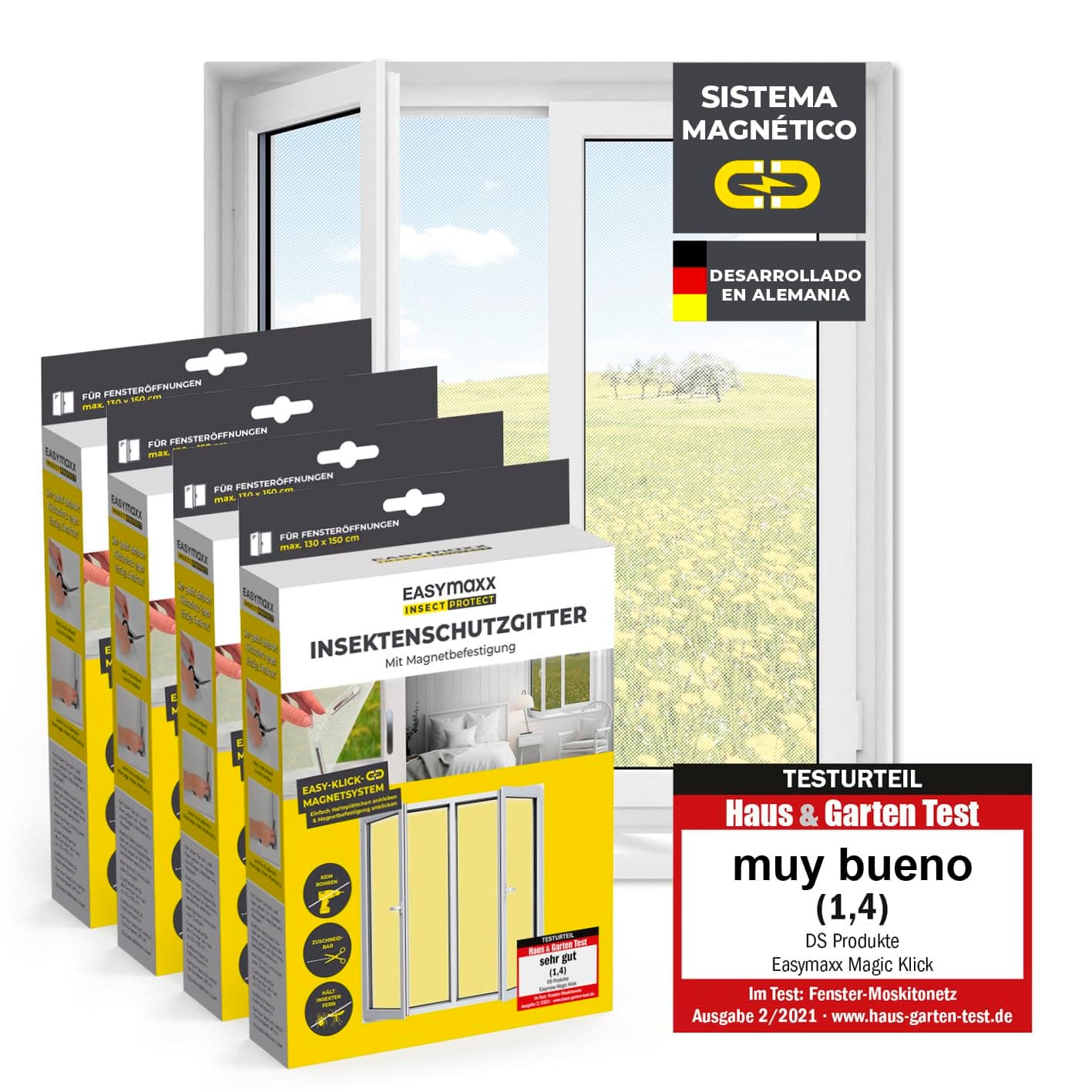 EASYmaxx Mosquitera para Ventanas con Magic Click | Cortada Individualmente a Medida para Todas Las Ventanas de hasta 150x180 cm | Fácil instalación con 12 imanes - sin taladrar ni atornillar 4 Piezas