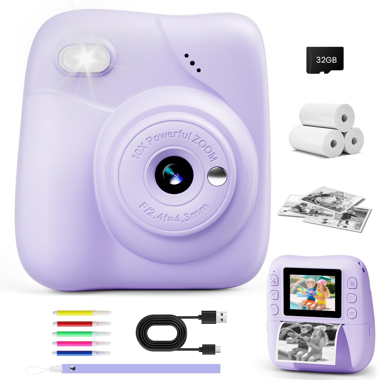 CAMCLID Camara Fotos Infantil Instantanea, HD 1080P Cámara de Fotos Instantánea con Tarjeta de 32G y 3 Rollos Papel de Impresión, Regalo para Niñas y Niños de 3 a 12 Años