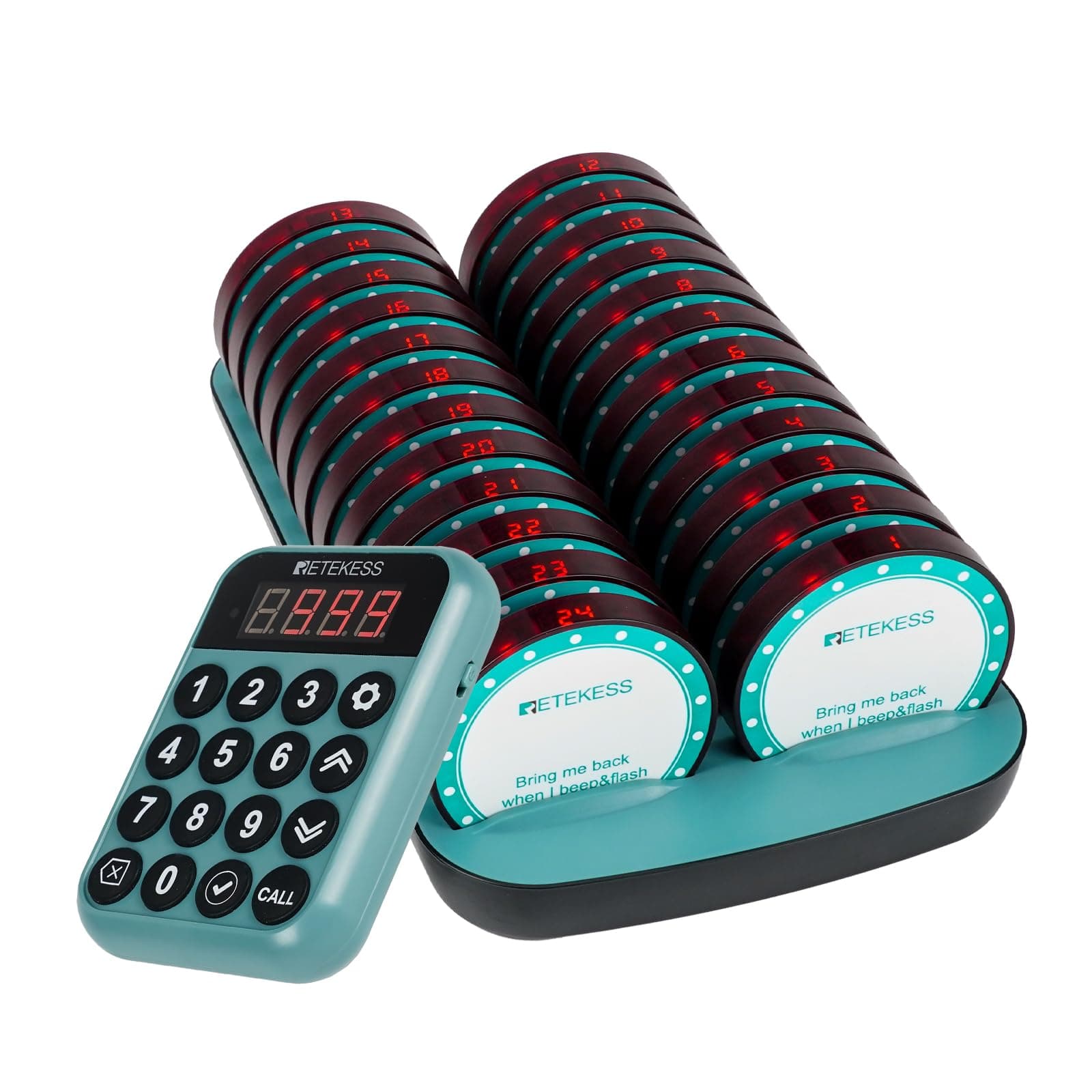 Retekess TD168R Bipper Restaurant, 400M Bip Restaurant, 24 Bippers, Clavier Indépendant, Conception Anti Chute, Fonction de Compte à Rebours, 7 Modes d'Appel, Bipeurs Client pour Hôtel, Bars, Café