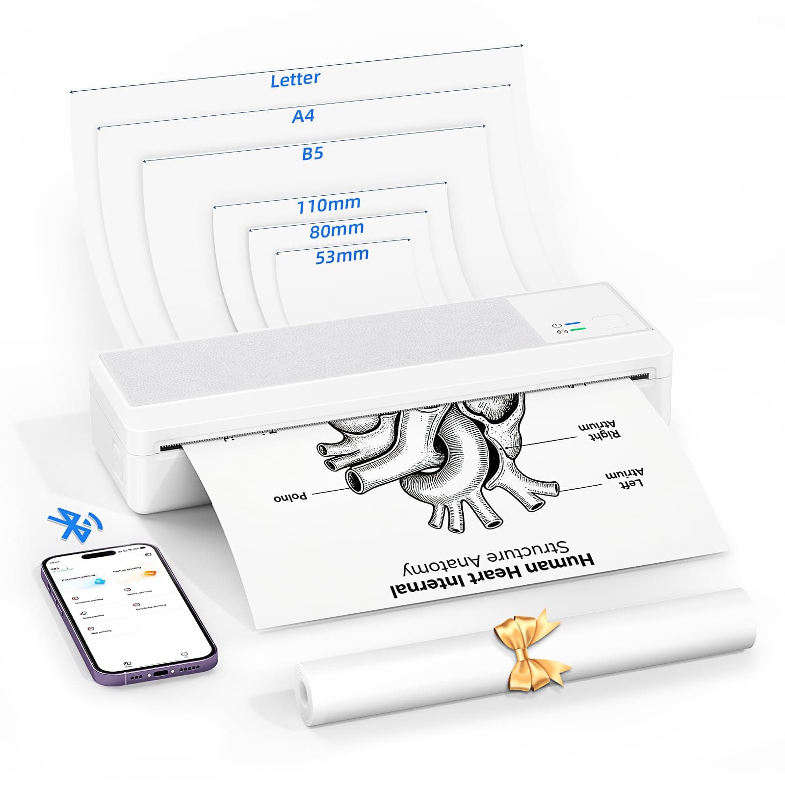 LFPERT Imprimante Thermique, Imprimante Portable A4 et Léger sans Encre, Connexion Bluetooth, Multi-formats Papier 216/210/110/80/53mm, Compatible iOS Android Mac Windows, Reçus Bureau Maison, Blanc