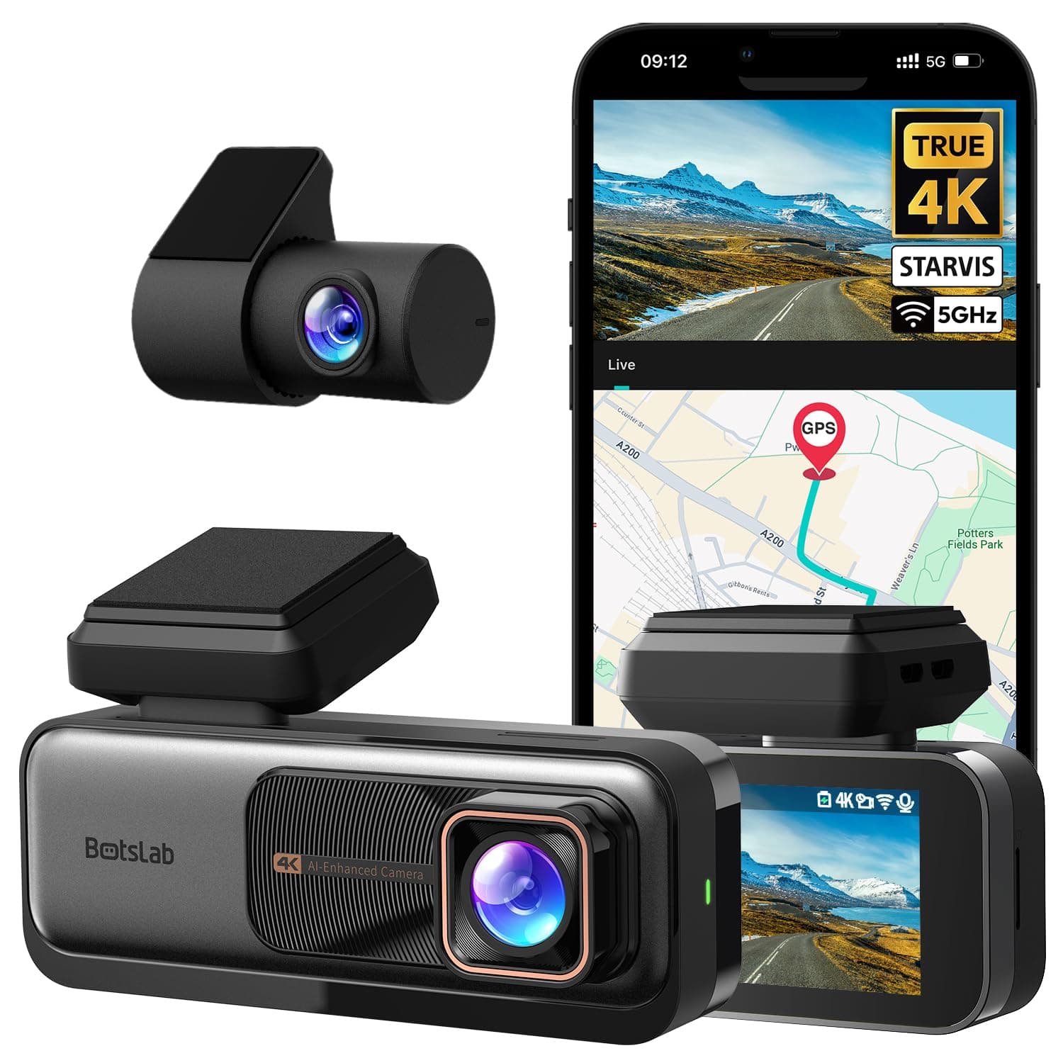 BOTSLAB 4K Dashcam Voiture Avant Arrière GPS, WiFi Caméra Voiture avec Carte SD 64GB,Camera Voiture Grand Angle 170°,ADAS,Vision Nocturne,WDR,G-Capteur,Mode Stationnement 24H,Enregistrement en Boucle