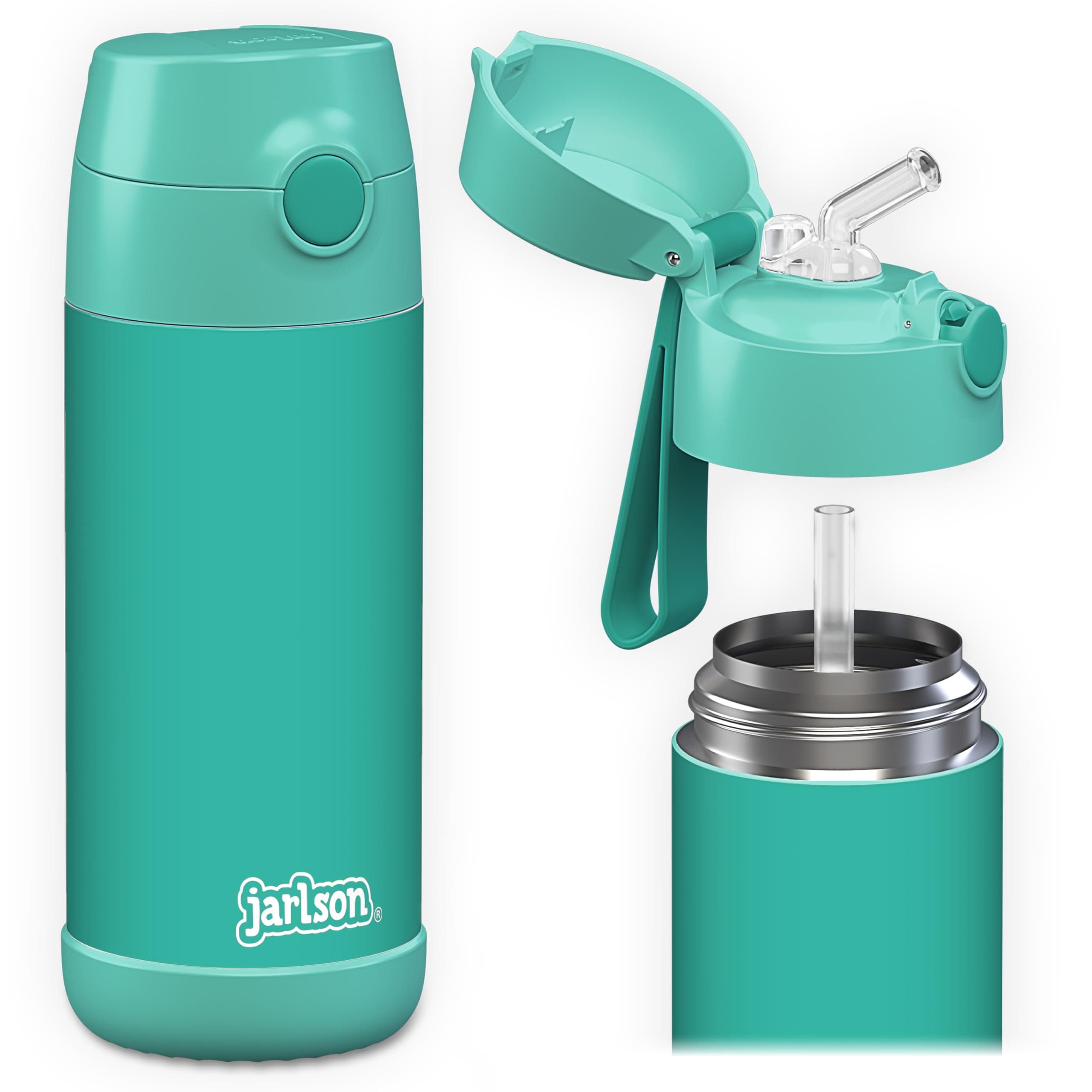 Jarlson® Botella Agua Niños & Niñas CHARLI [ACERO INOXIDABLE] - Garrafa Térmica Infantil Sin BPA - Water Bottle con Pajita - Botellas Inox a Prueba de Fugas - Para Escuela (350ml Turquesa)