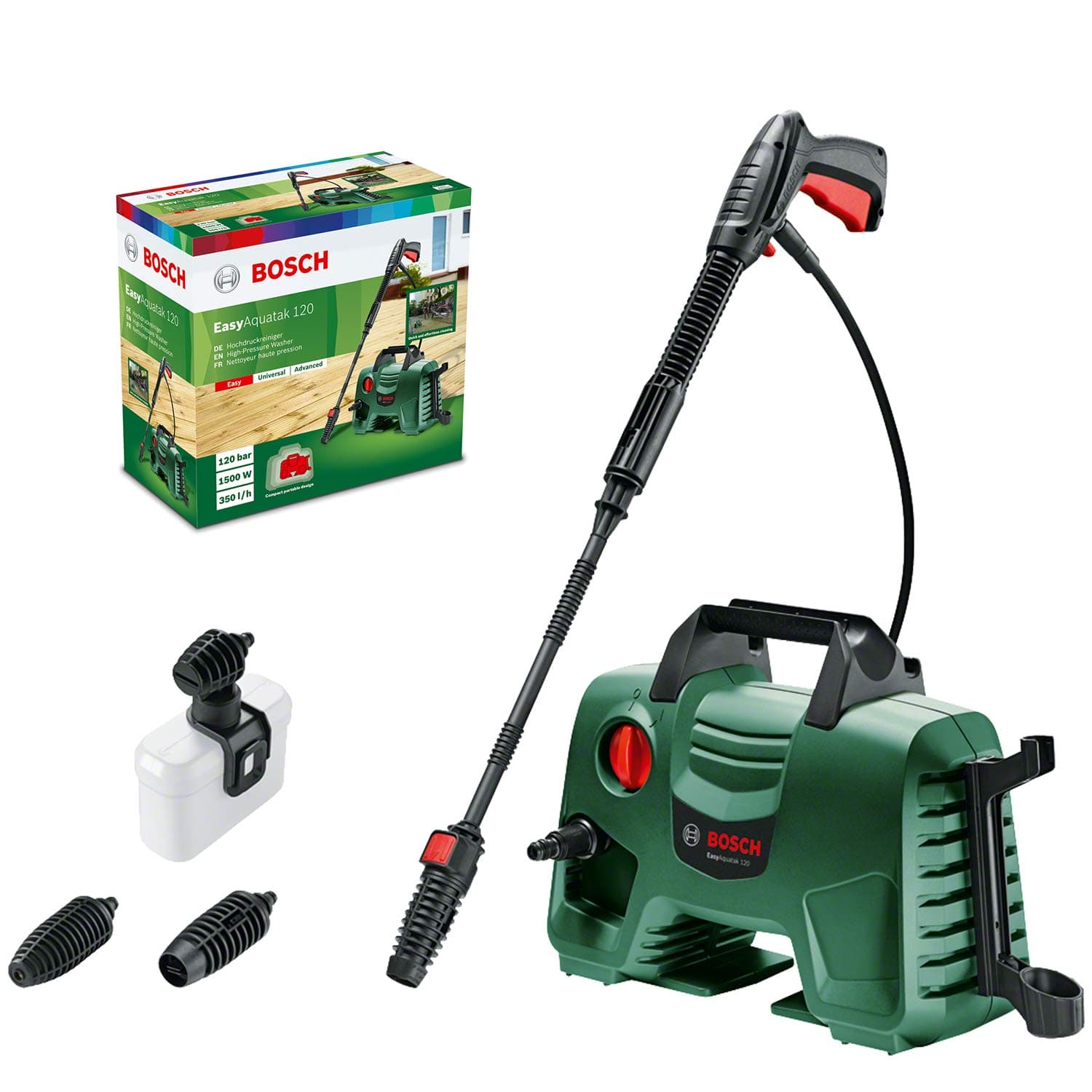 Bosch Home and Garden 06008A7901 Idropulitrice 3 Ugelli, Alta Pressione, Filtro Trasparente, Verde Nero, Cavo e Tubo Flessibile 5 m, 350 L/h, 40.10 x 37.60 x 20.20 cm