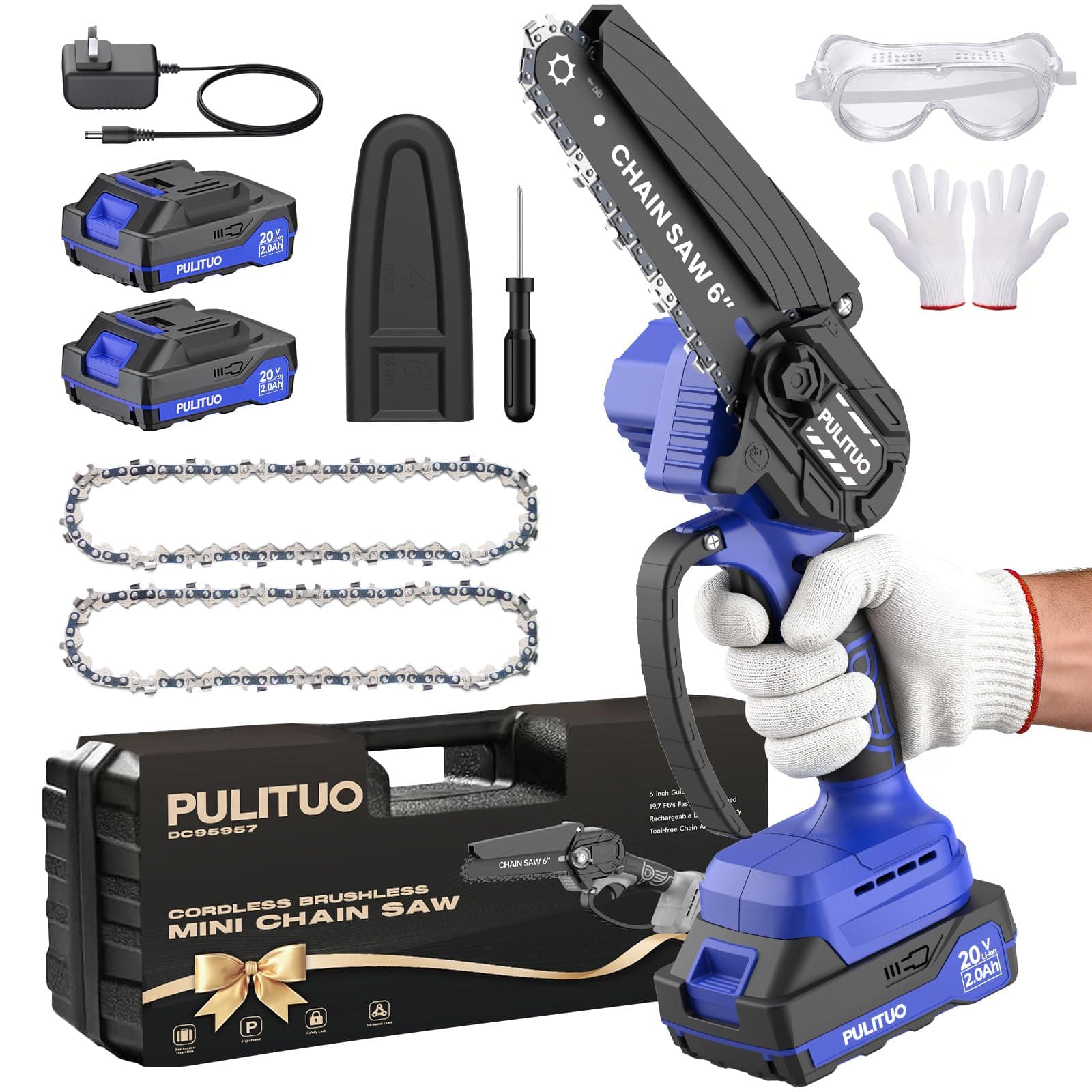 PULITUO Mini Motosierra Sin Cable 6 Pulgadas Motor Brushless, Incluye 2 Baterías 2.0Ah y 2 Cadenas, Ideal para Poda de Árboles y Trabajos de Jardinería