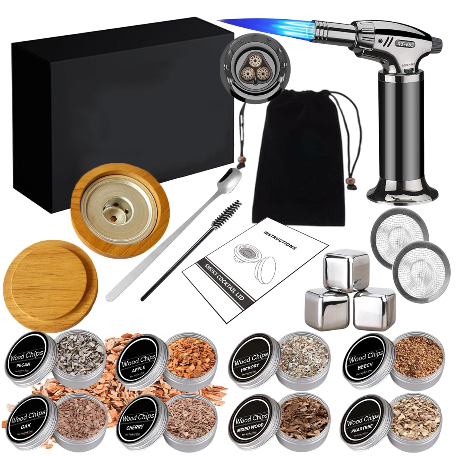 RoseFlower Kit de ahumador cocteles, Kit de ahumador antiguo para whisky, bebidas, bourbon, bistec, pescado y queso - Bebidas alimenticias con sabor a humo infundido - Regalo del día del padre